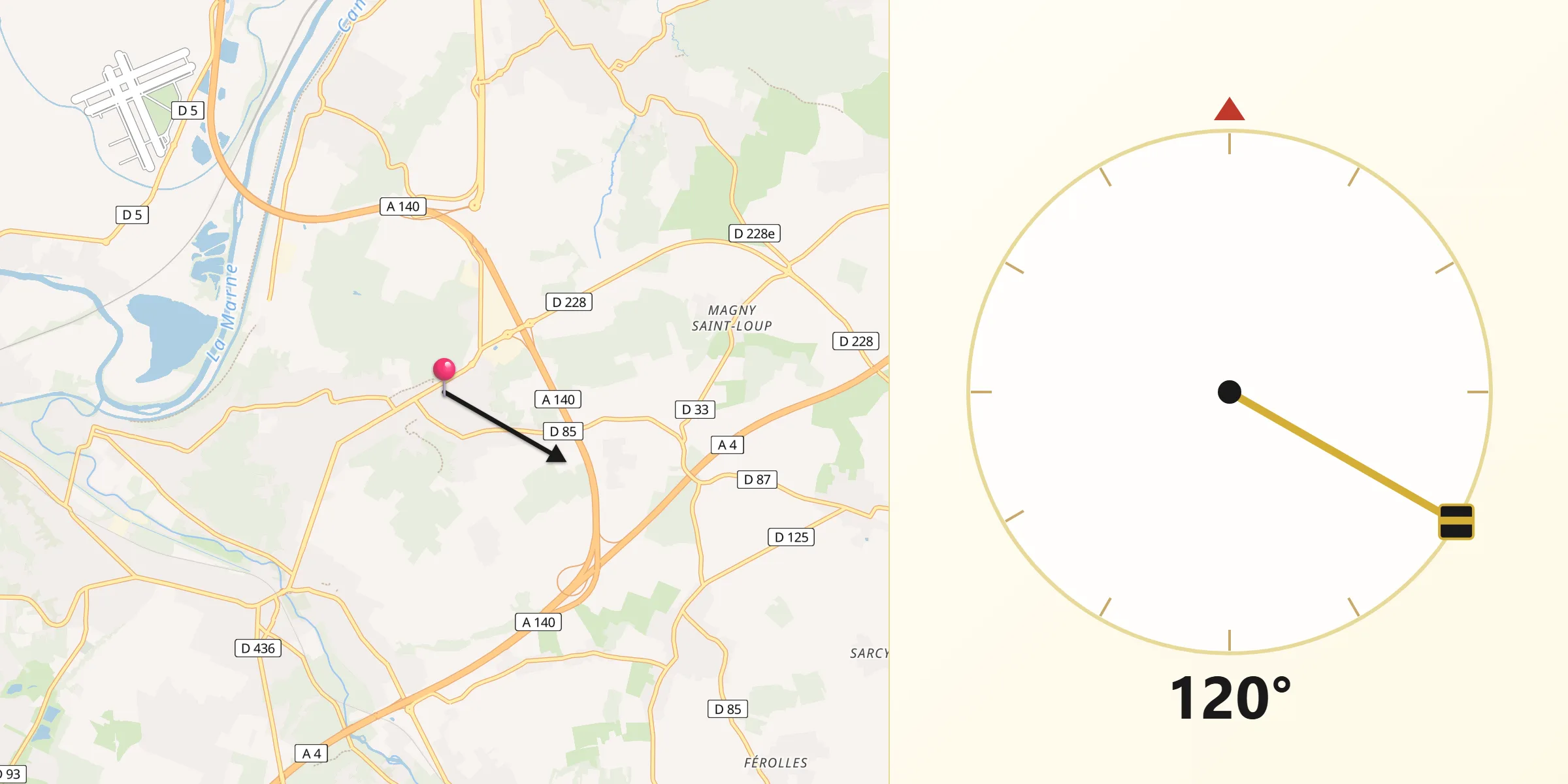 Direction vers la Qibla depuis Quincy-Voisins