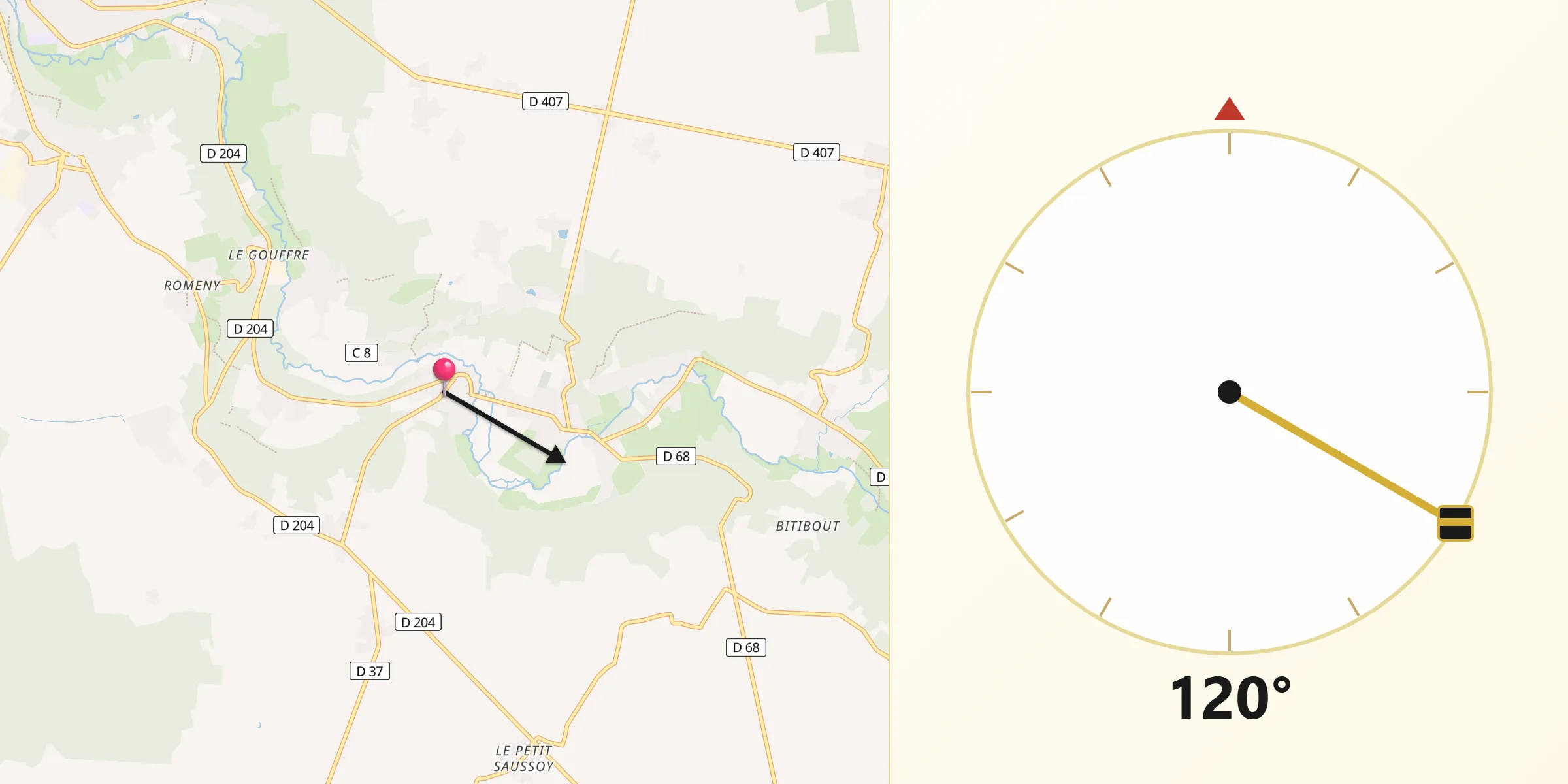 Direction vers la Qibla depuis Saint-Cyr-sur-Morin