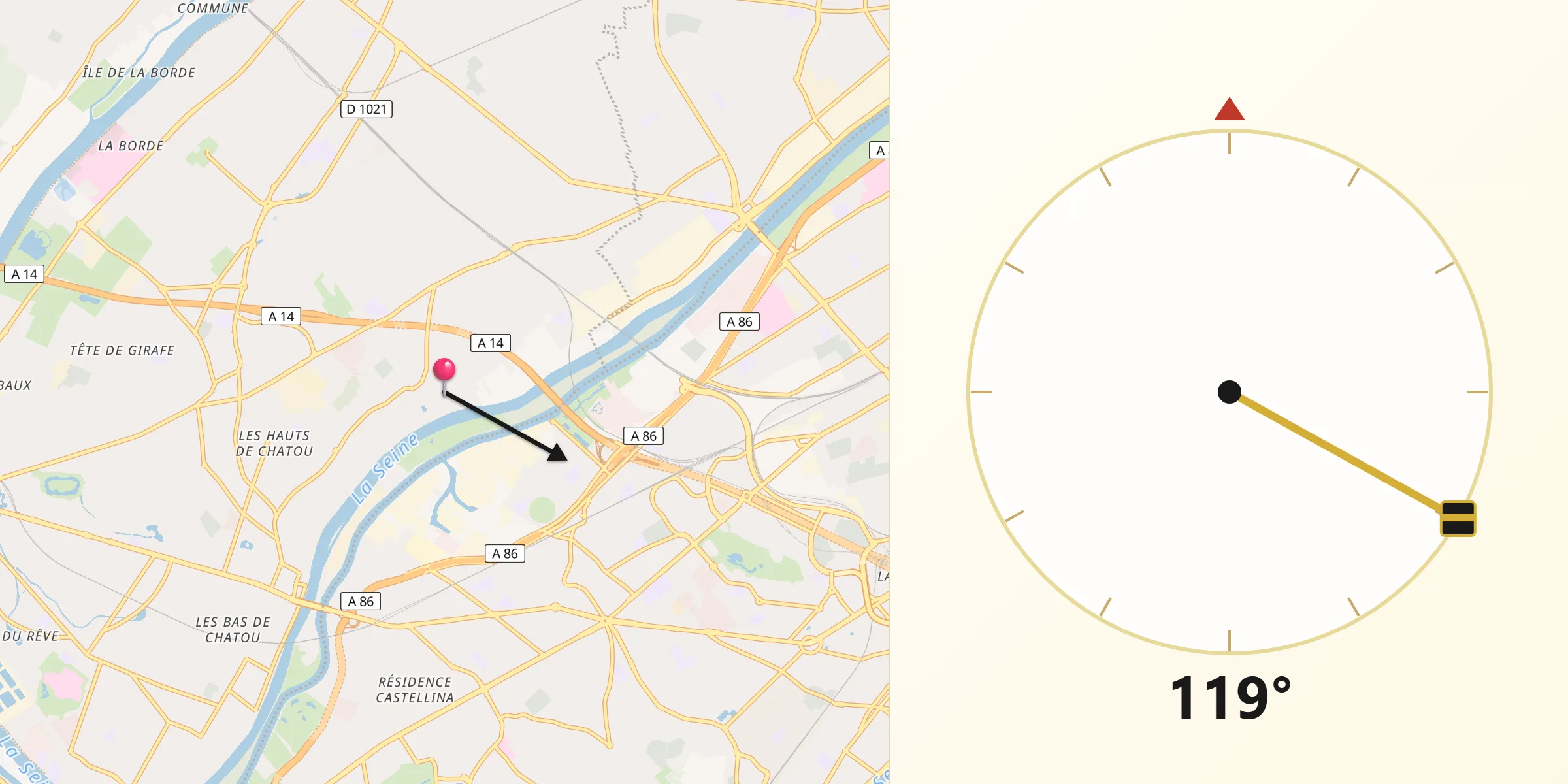 Direction vers la Qibla depuis Carrières-sur-Seine