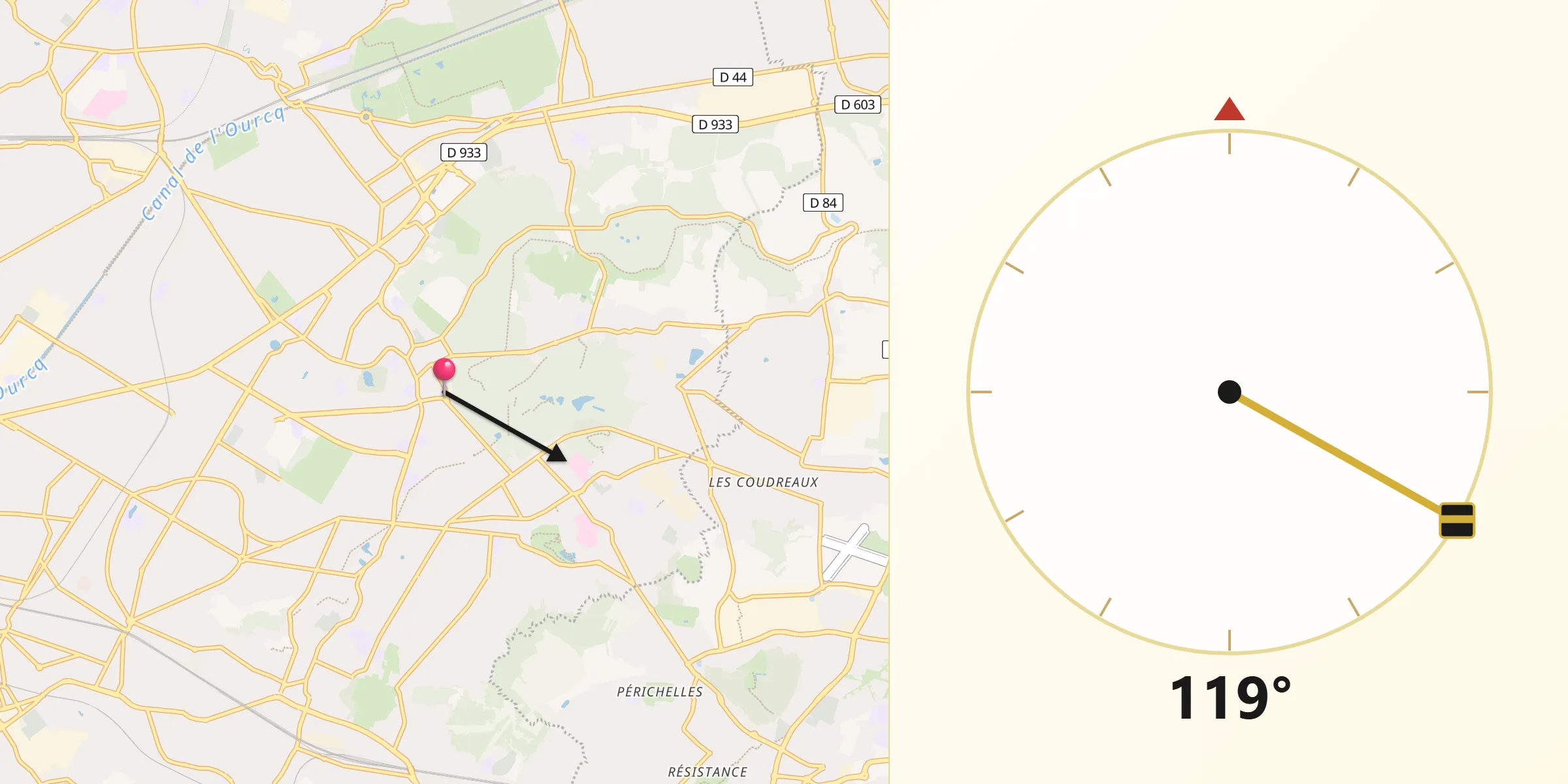 Direction vers la Qibla depuis Clichy-sous-Bois