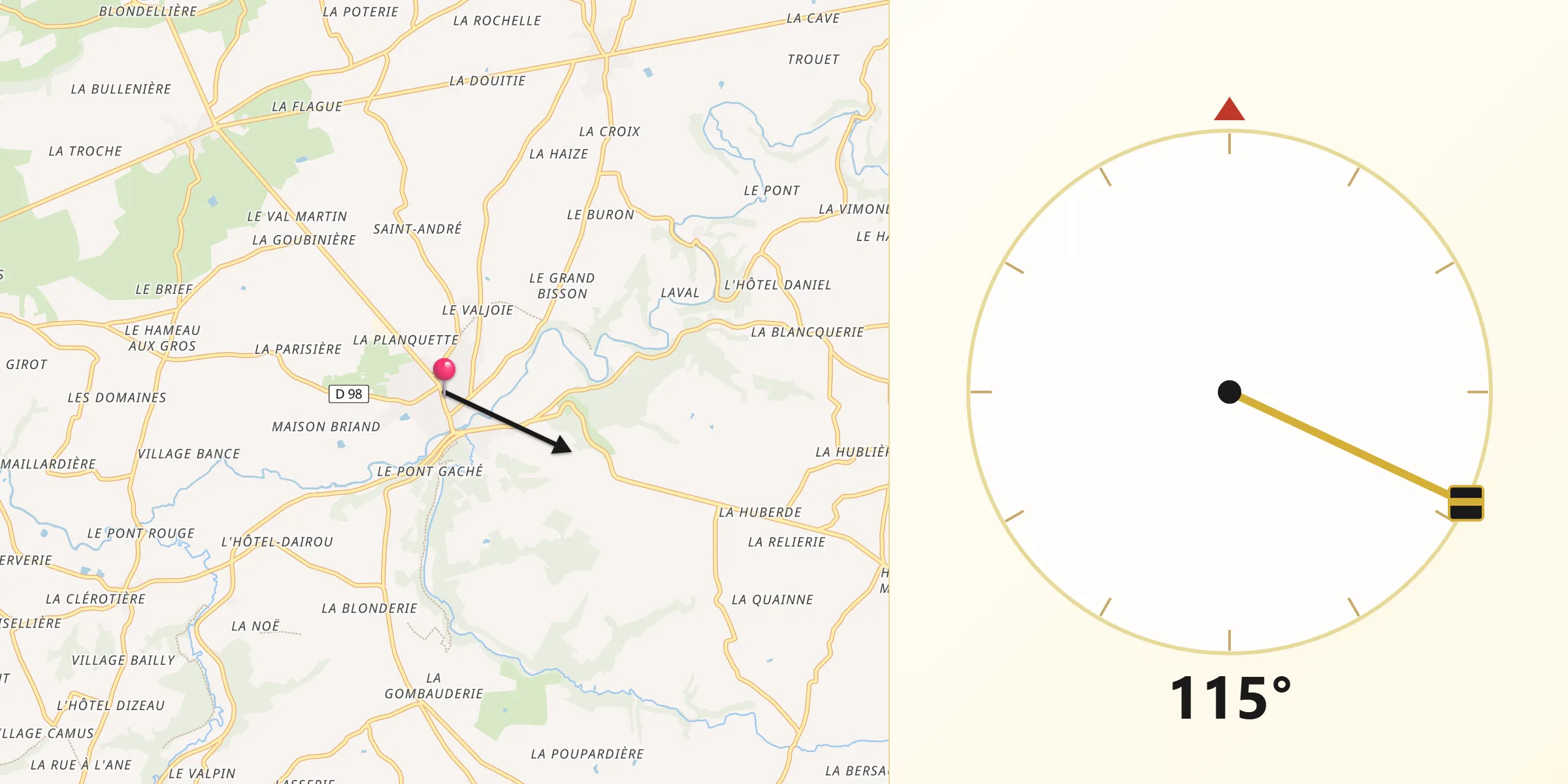 Direction vers la Qibla depuis Gavray