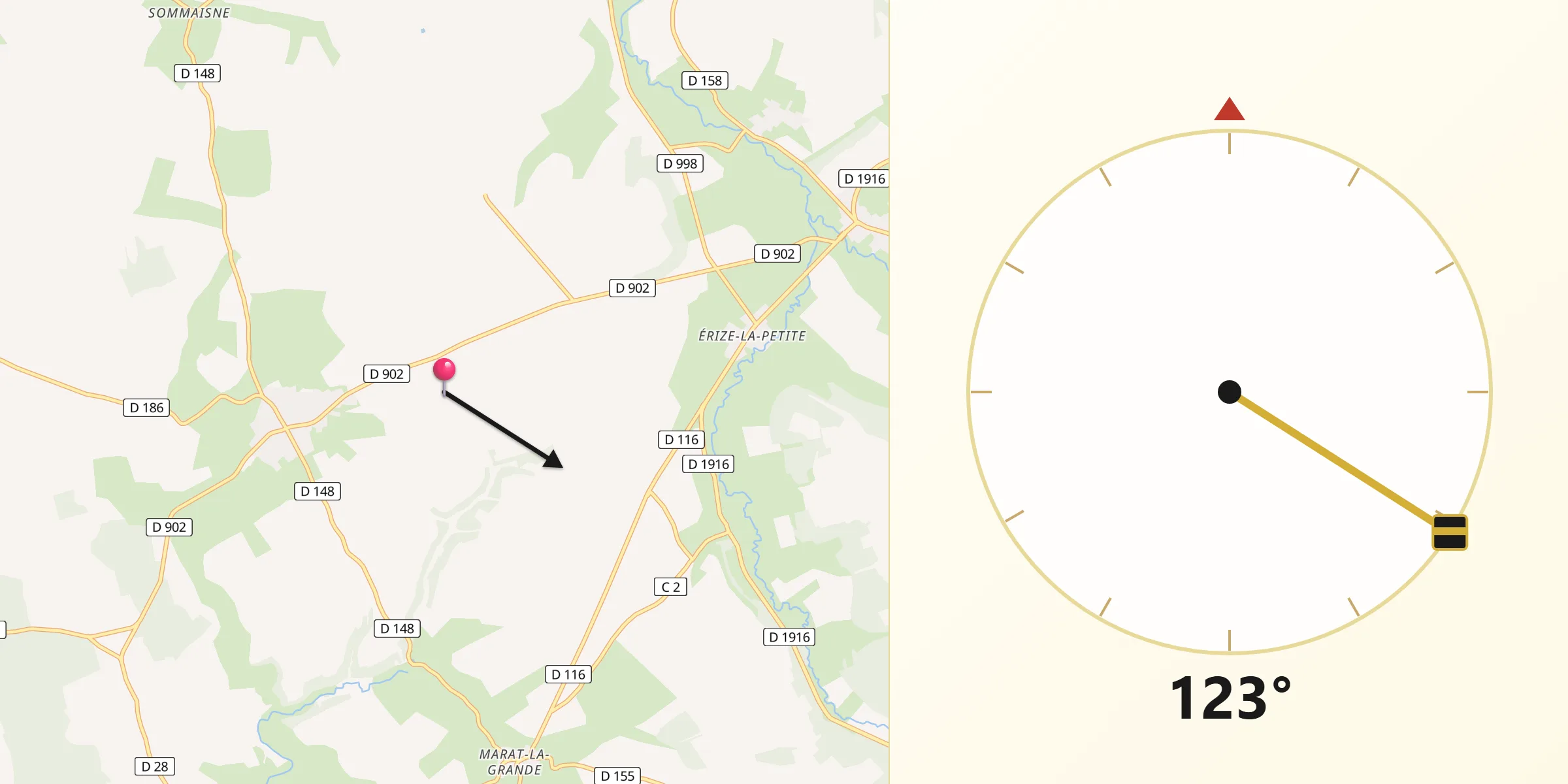 Direction vers la Qibla depuis Érize-la-Petite