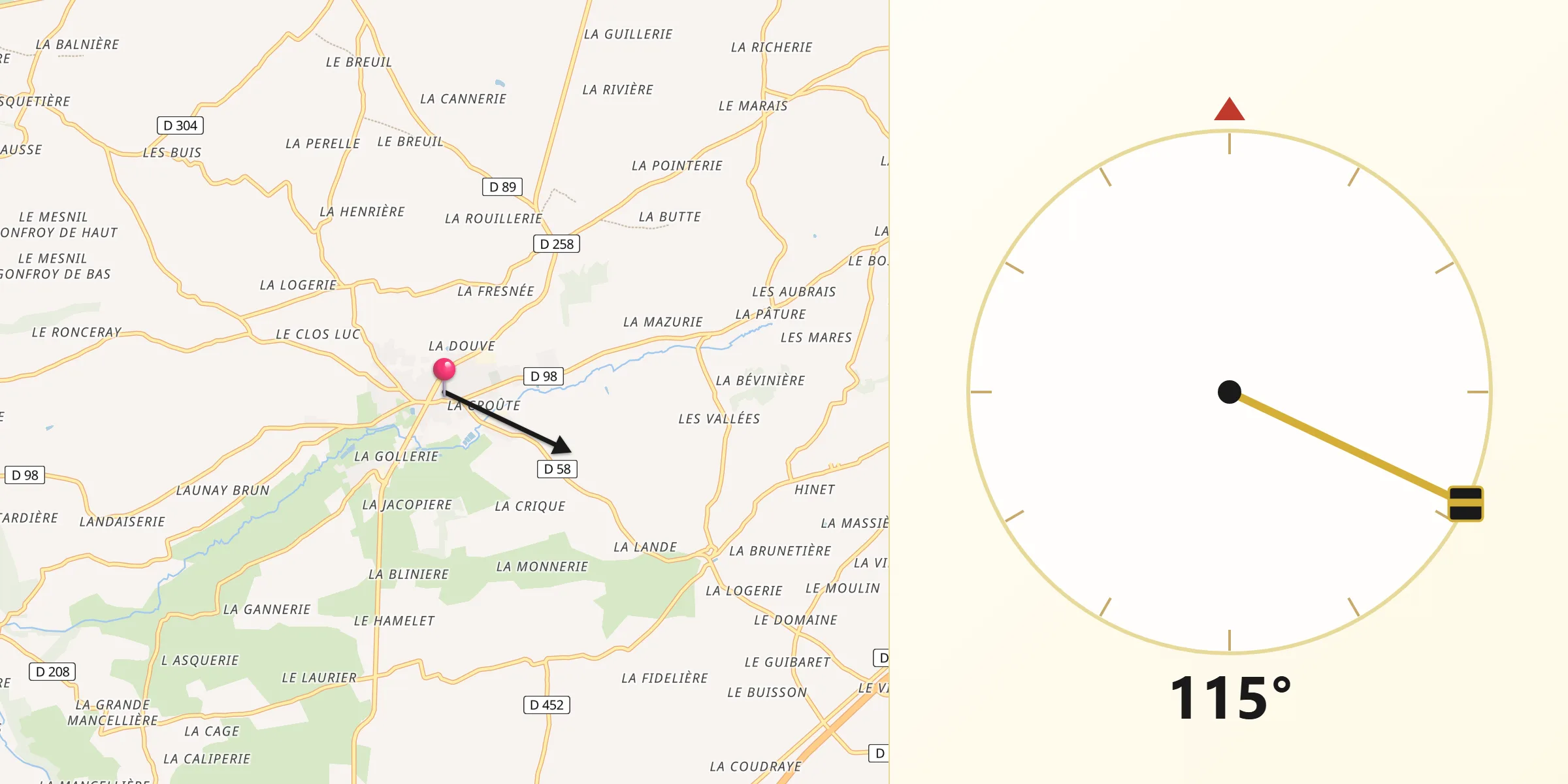 Direction vers la Qibla depuis Percy