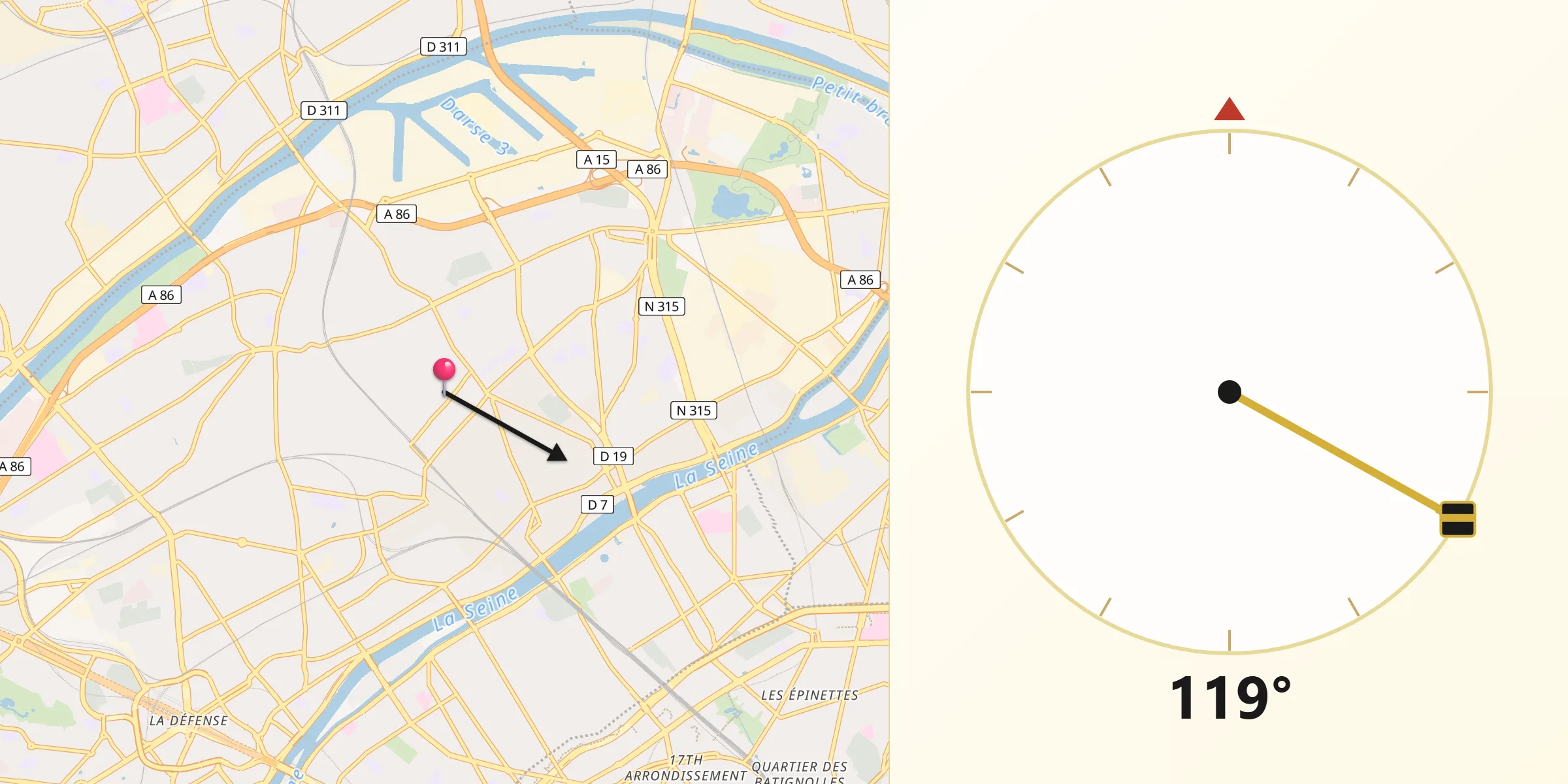Direction vers la Qibla depuis Bois-Colombes