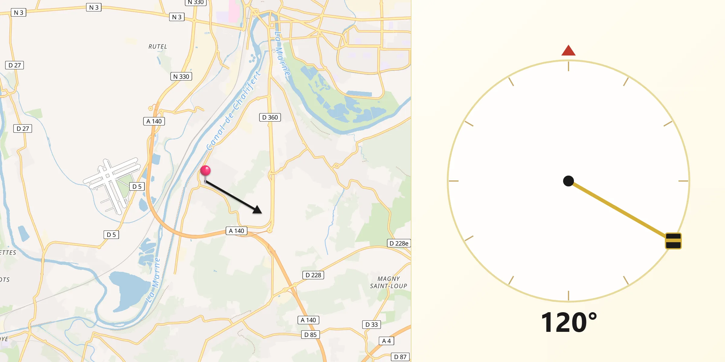 Direction vers la Qibla depuis Mareuil-lès-Meaux