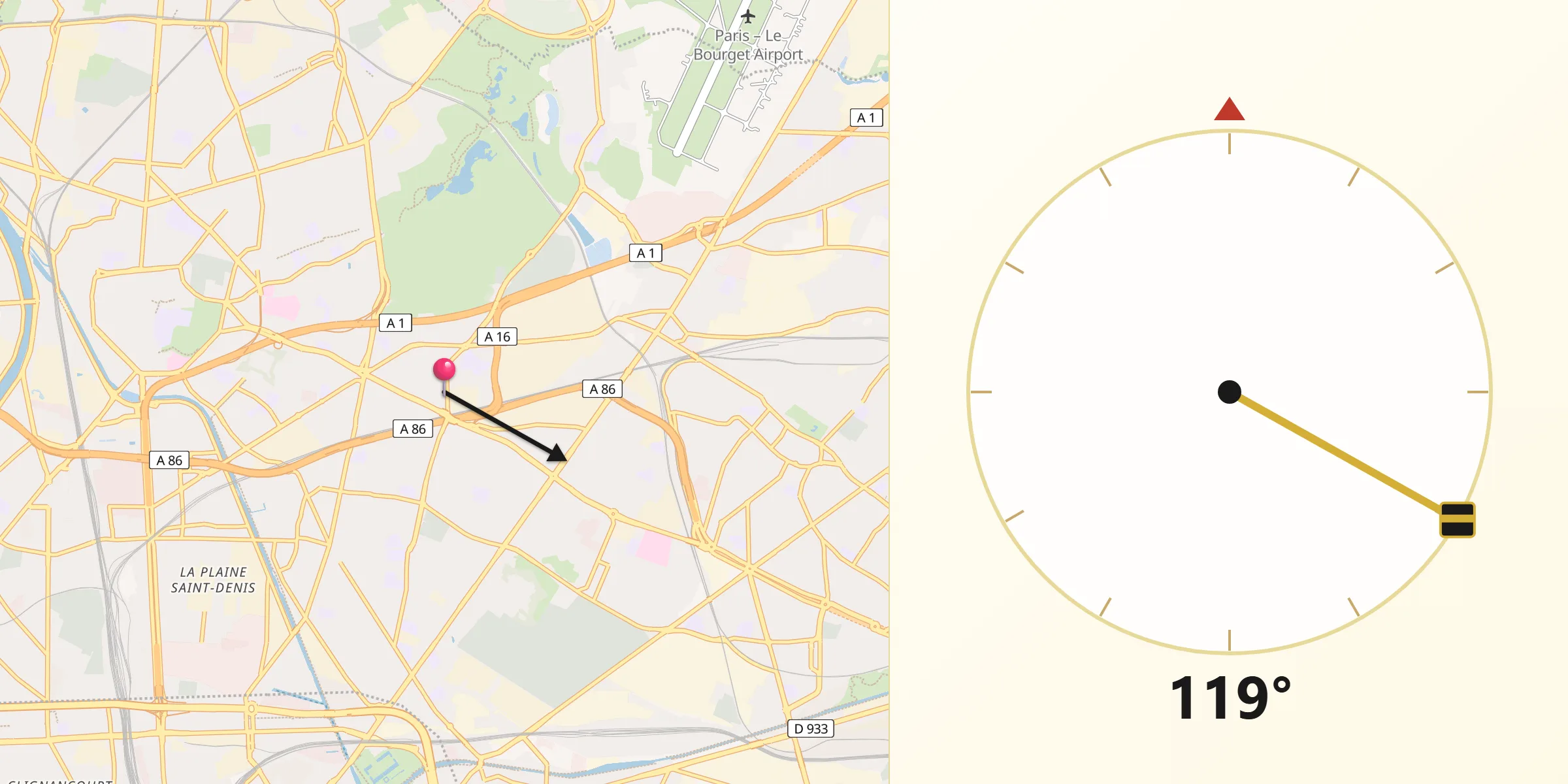 Direction vers la Qibla depuis La Courneuve