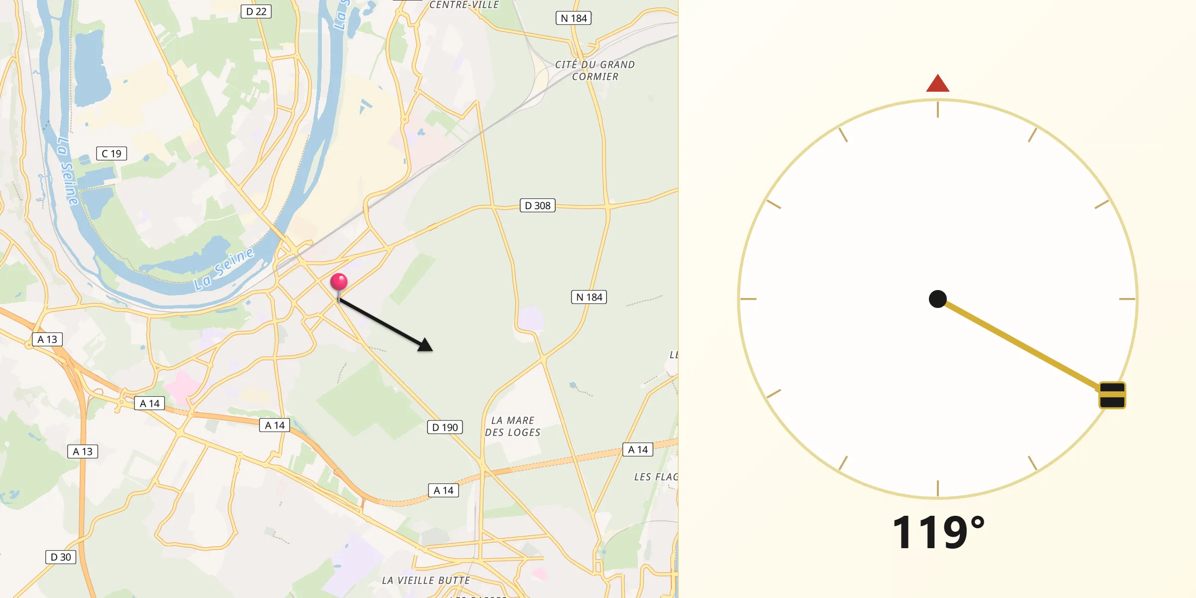 Direction vers la Qibla depuis Poissy