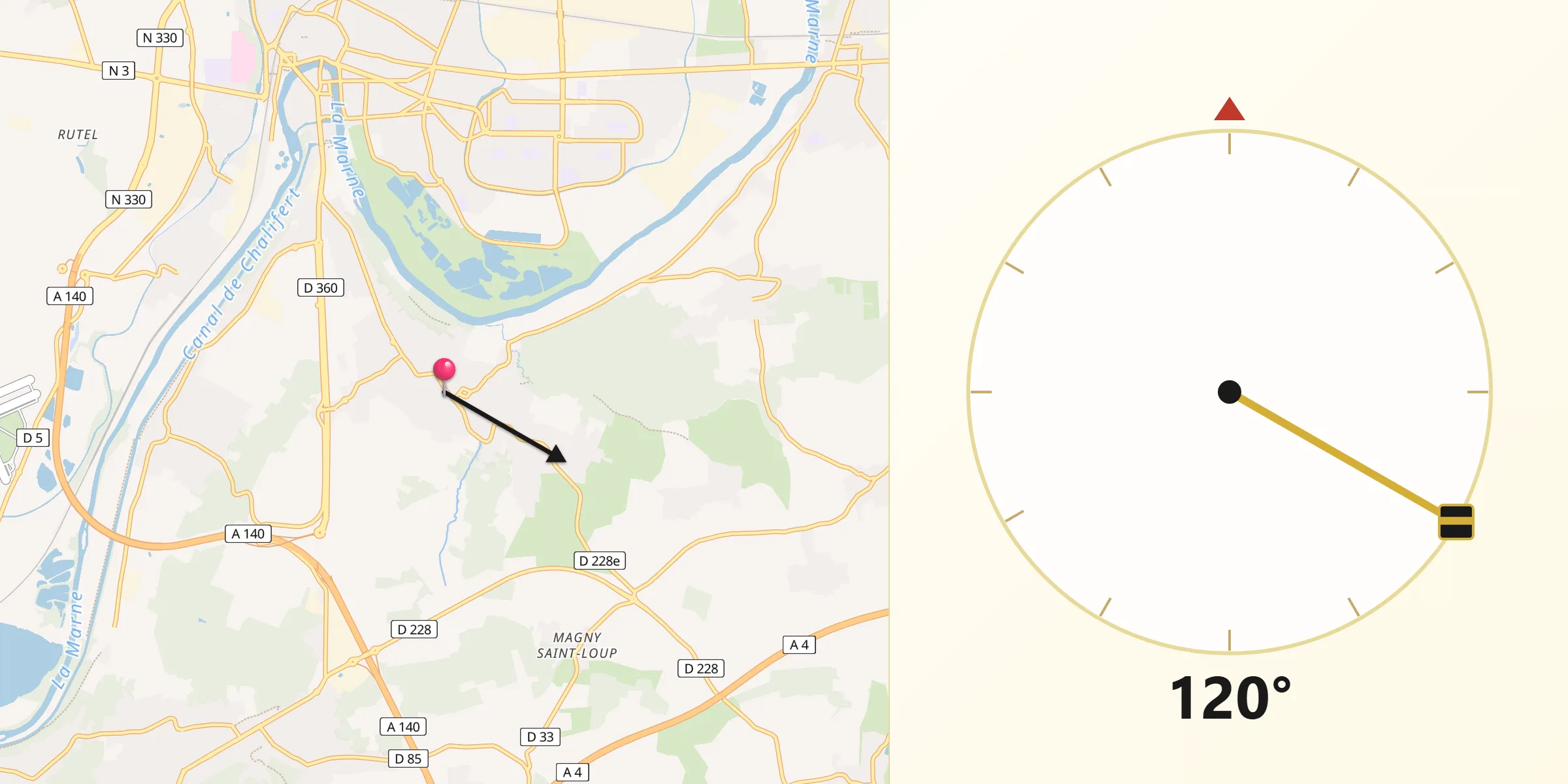 Direction vers la Qibla depuis Nanteuil-lès-Meaux