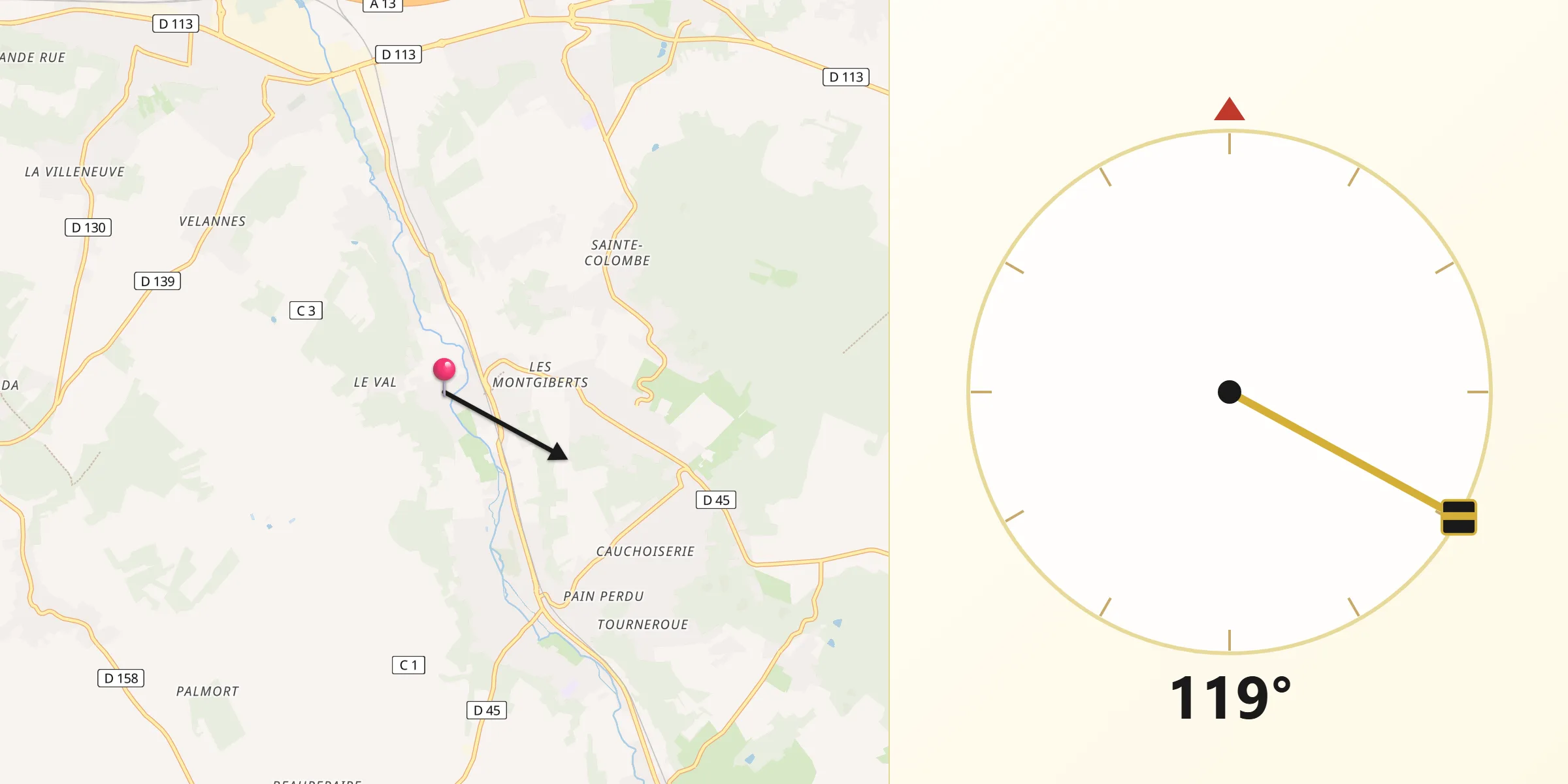 Direction vers la Qibla depuis Aulnay-sur-Mauldre