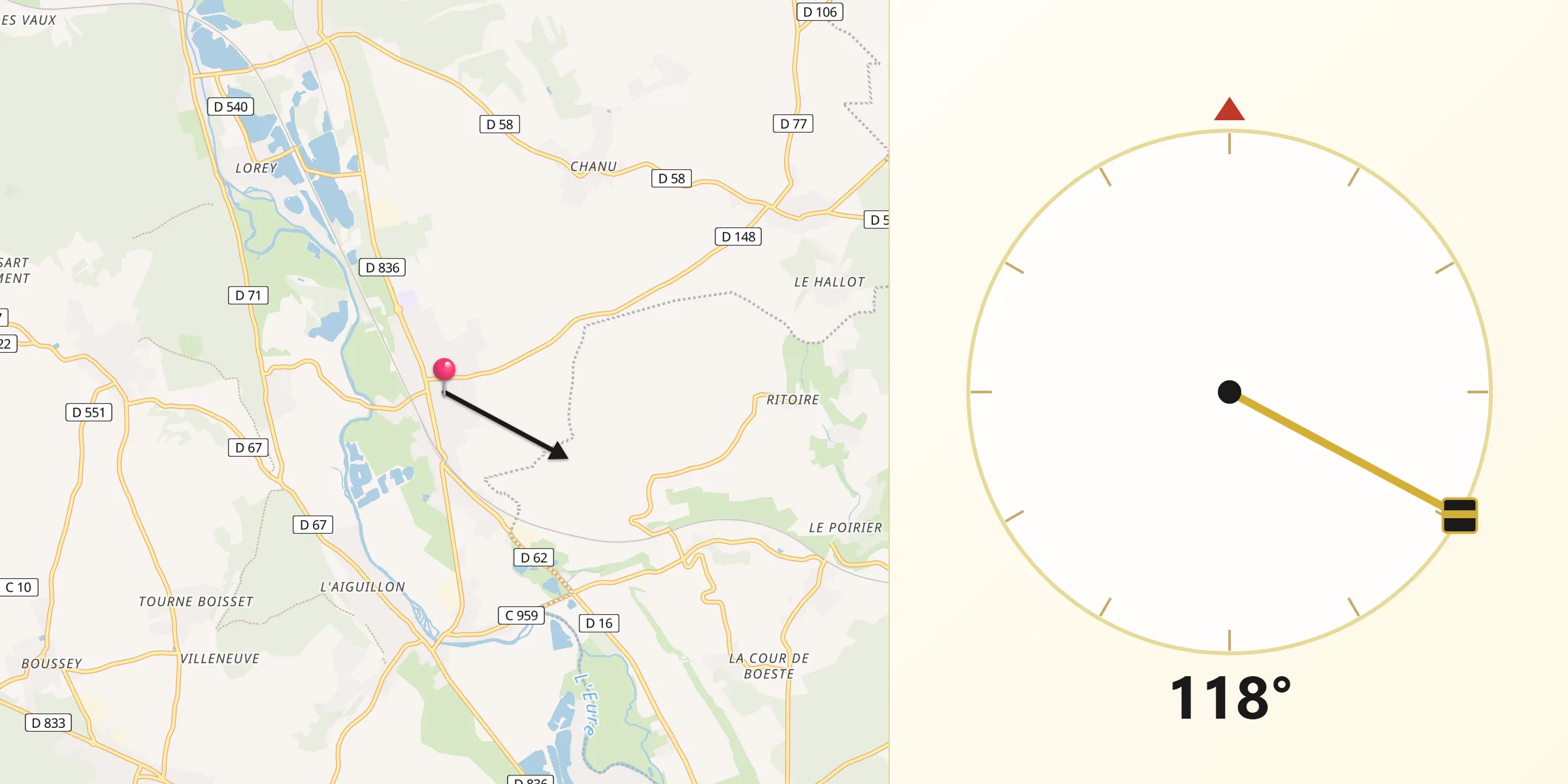 Direction vers la Qibla depuis Bueil
