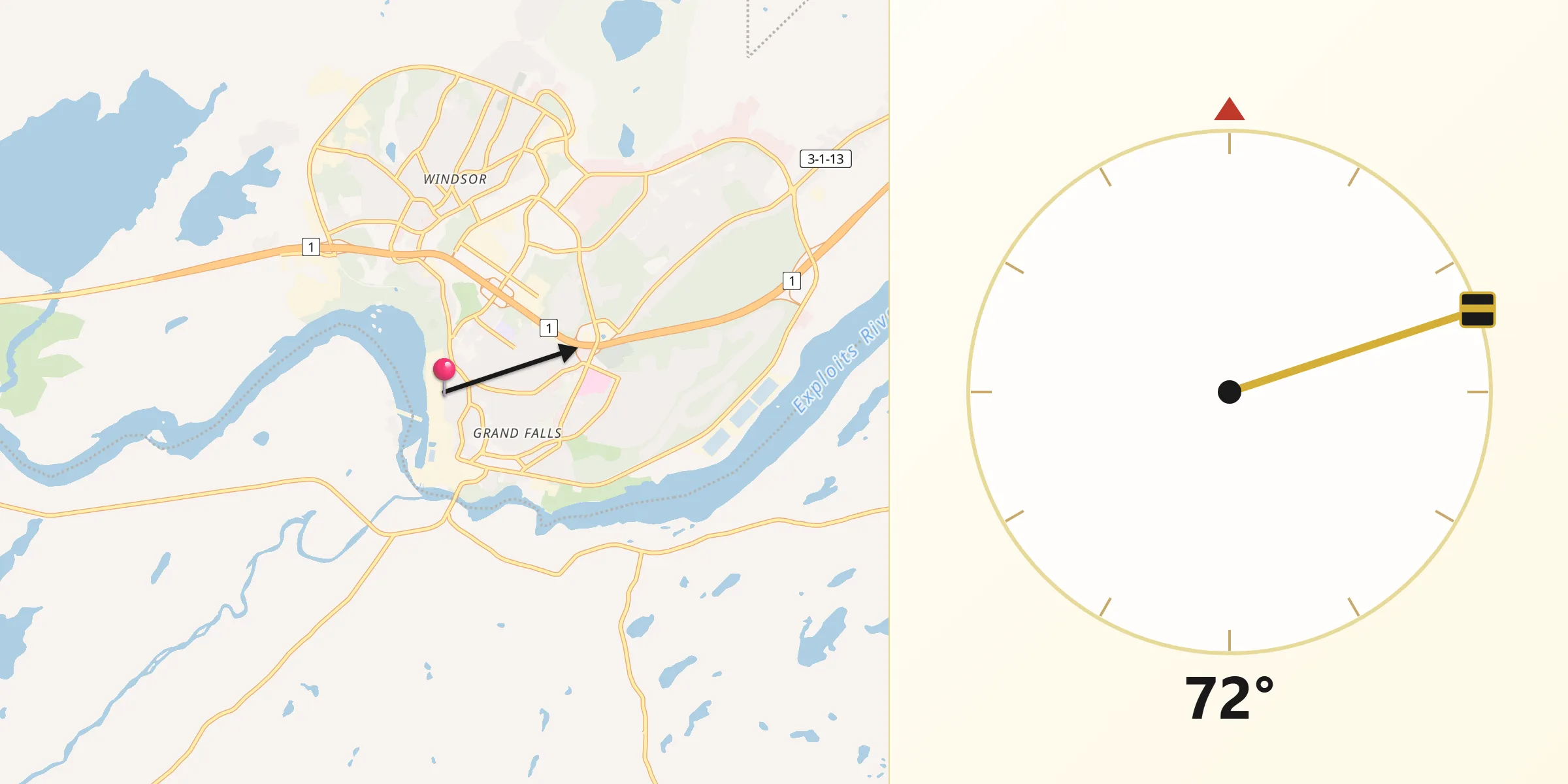 Qibla Direction from Grand Falls-Windsor