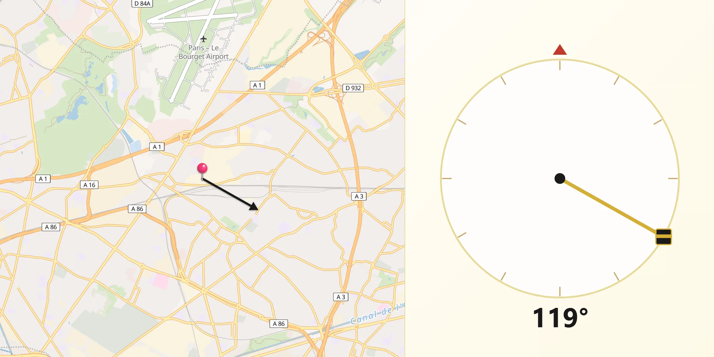 Direction vers la Qibla depuis Le Bourget