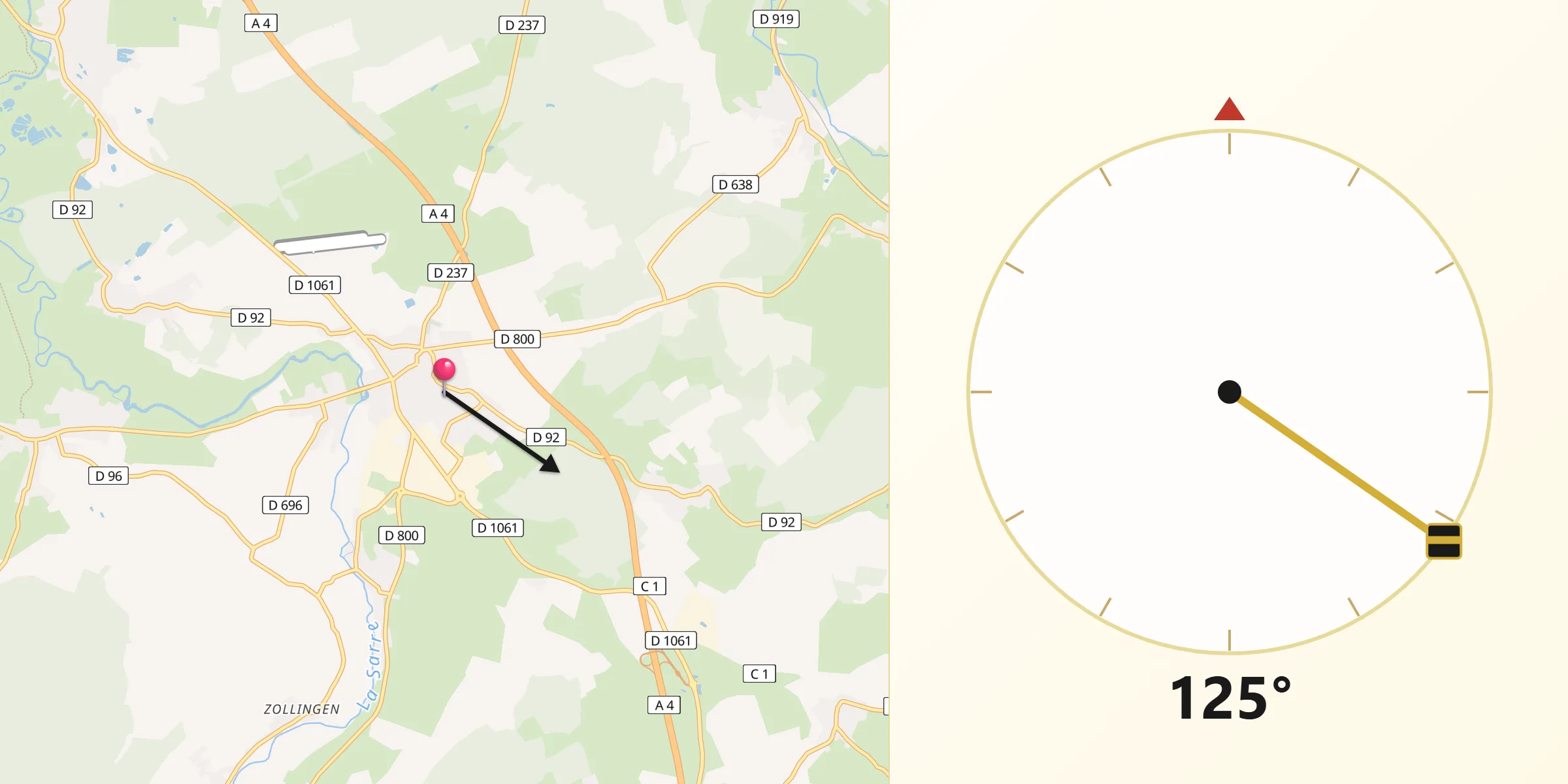Direction vers la Qibla depuis Sarre-Union