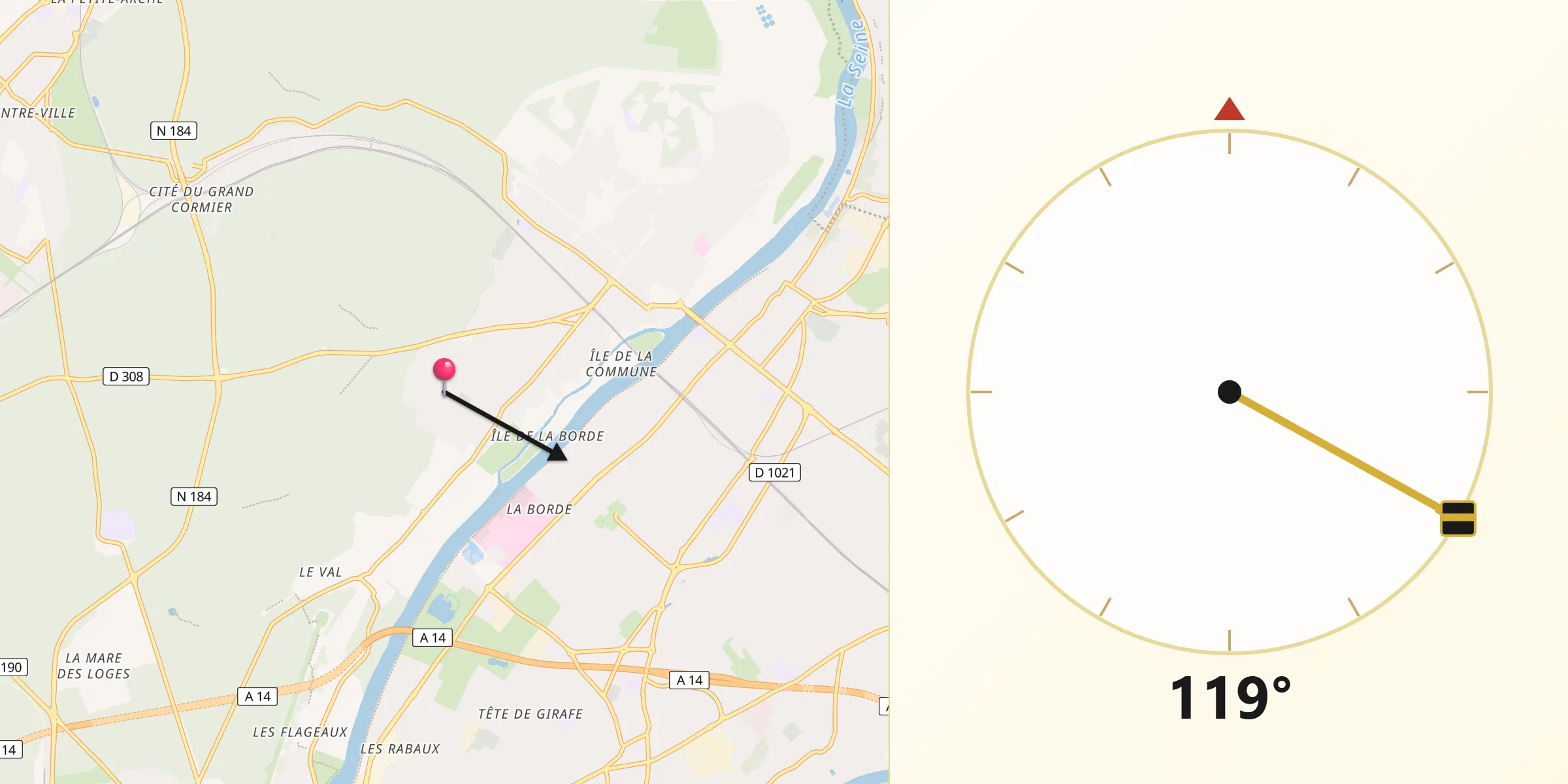 Direction vers la Qibla depuis Le Mesnil-le-Roi