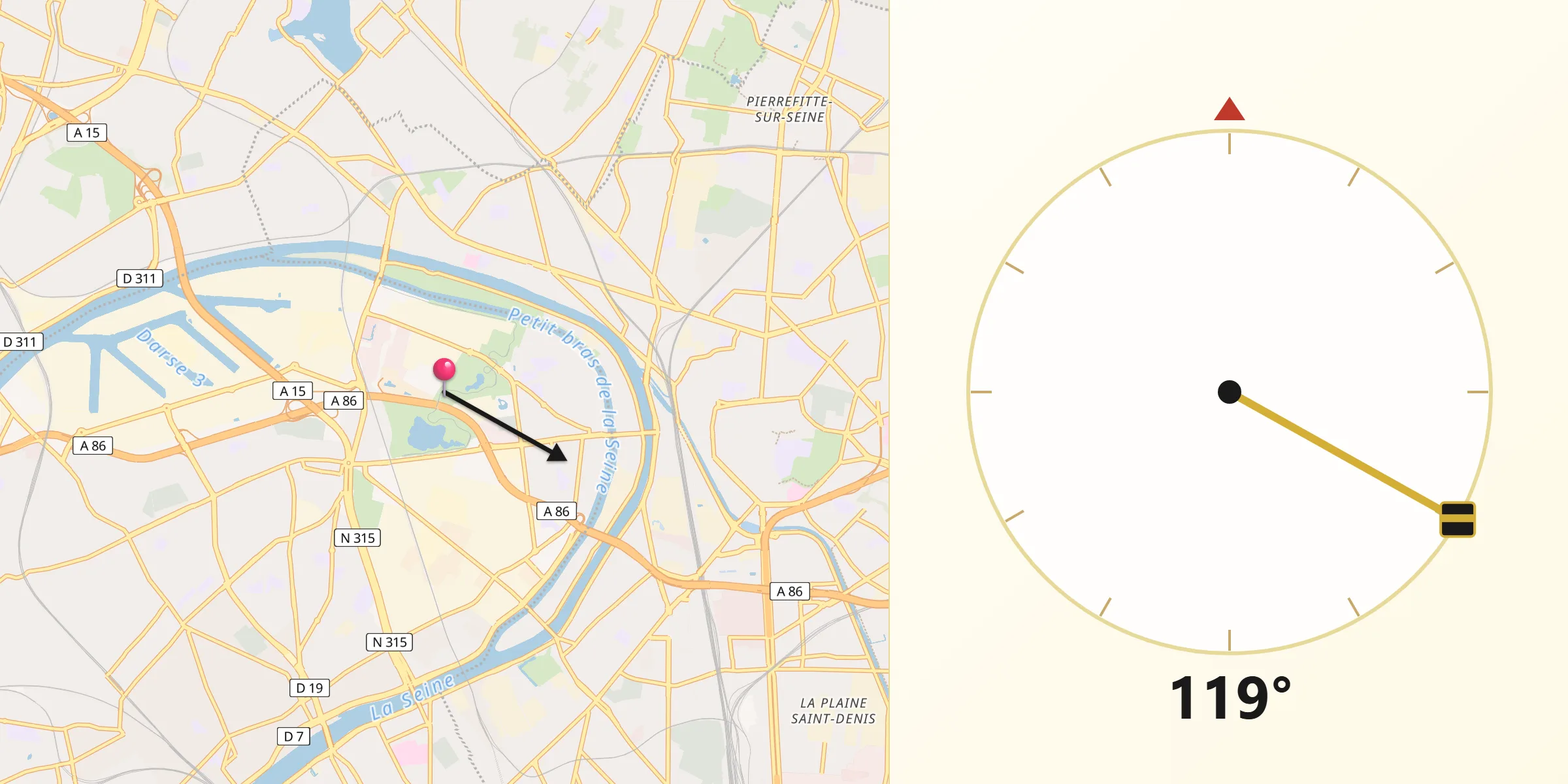 Direction vers la Qibla depuis Villeneuve-la-Garenne