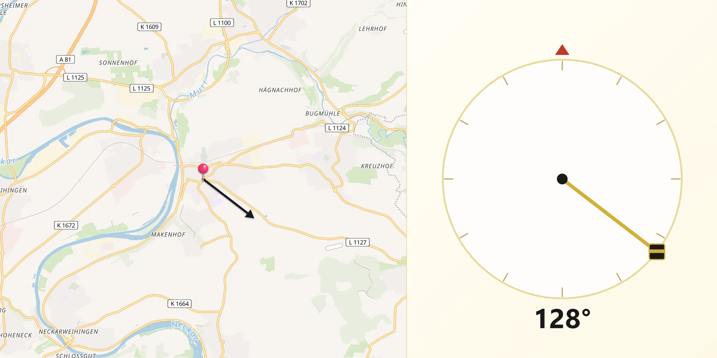 Qibla-Richtung von Marbach am Neckar
