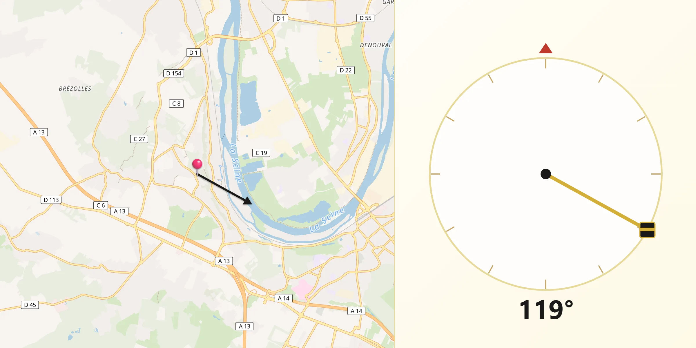 Direction vers la Qibla depuis Villennes-sur-Seine