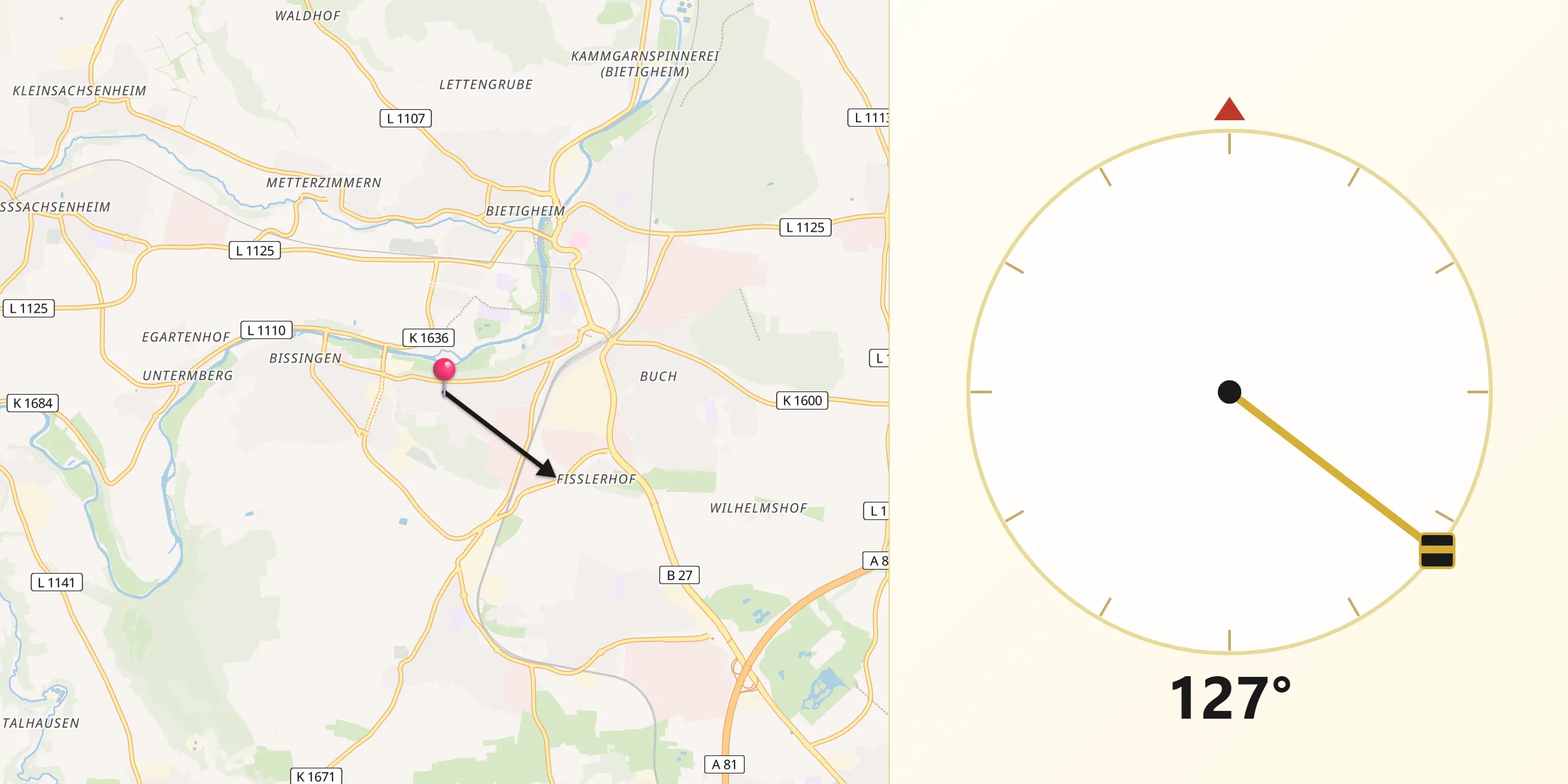 Qibla-Richtung von Bietigheim-Bissingen