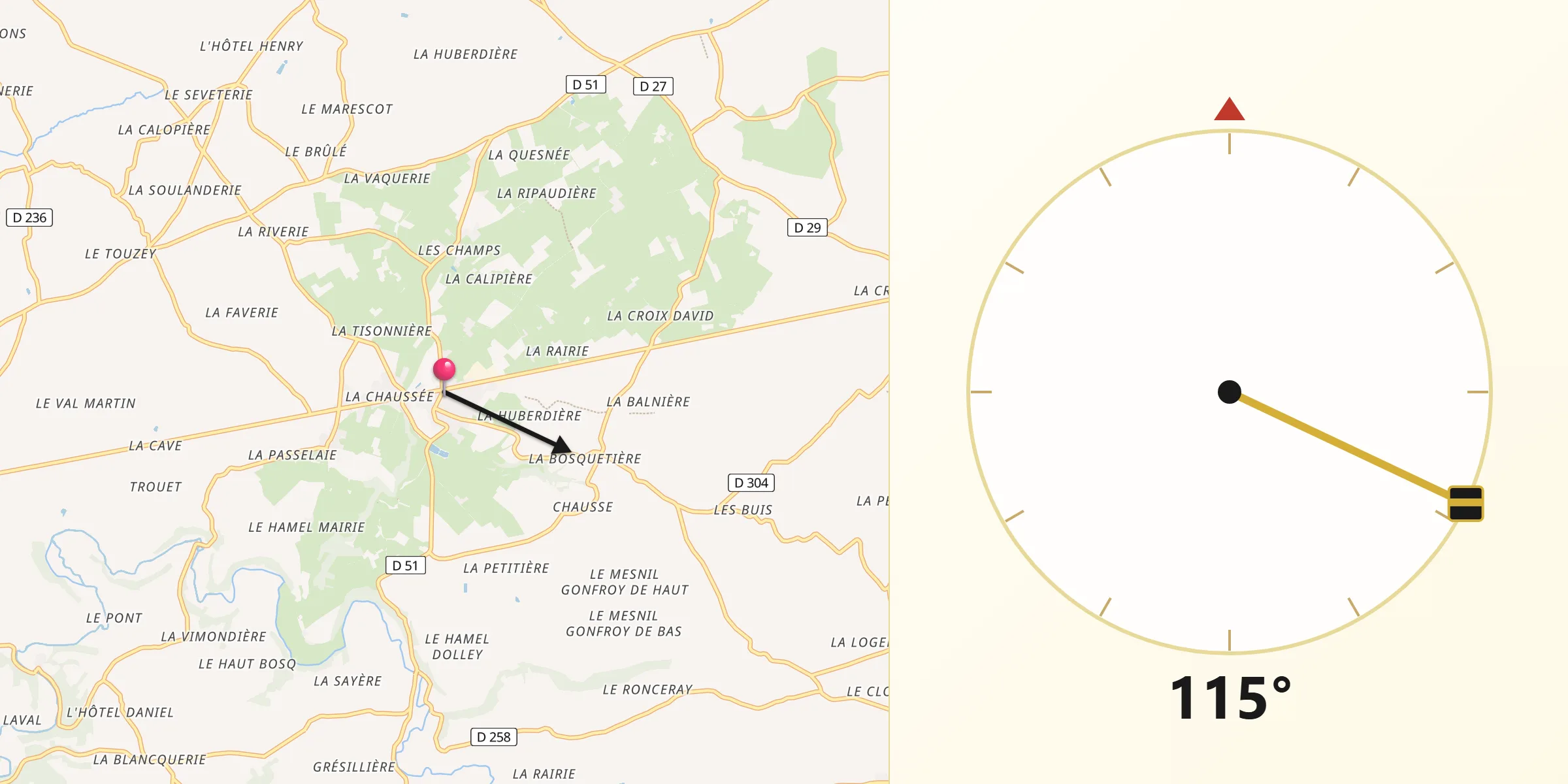 Direction vers la Qibla depuis Hambye