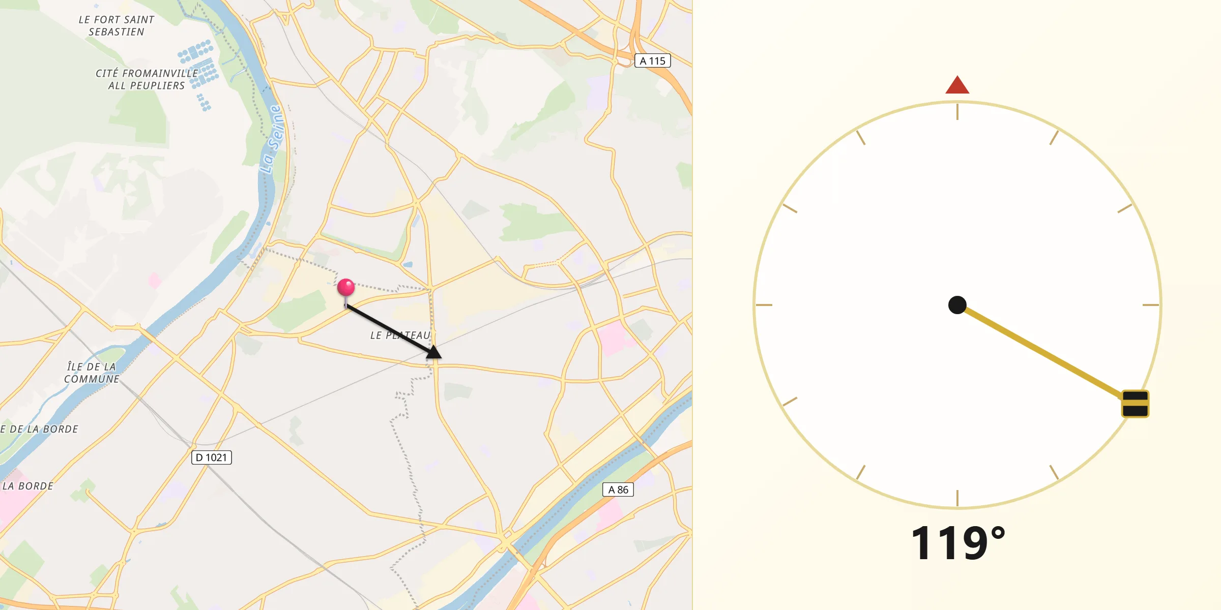 Direction vers la Qibla depuis Sartrouville