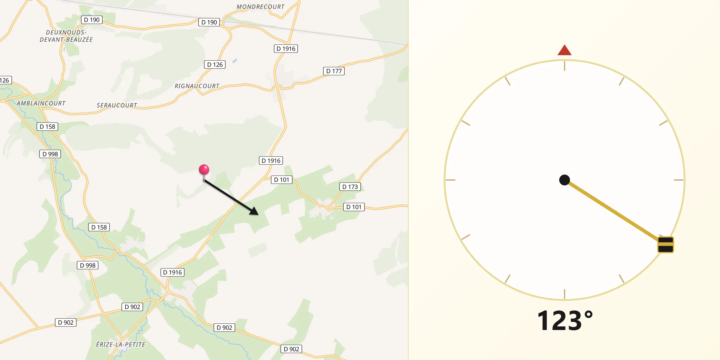 Direction vers la Qibla depuis Neuville-en-Verdunois
