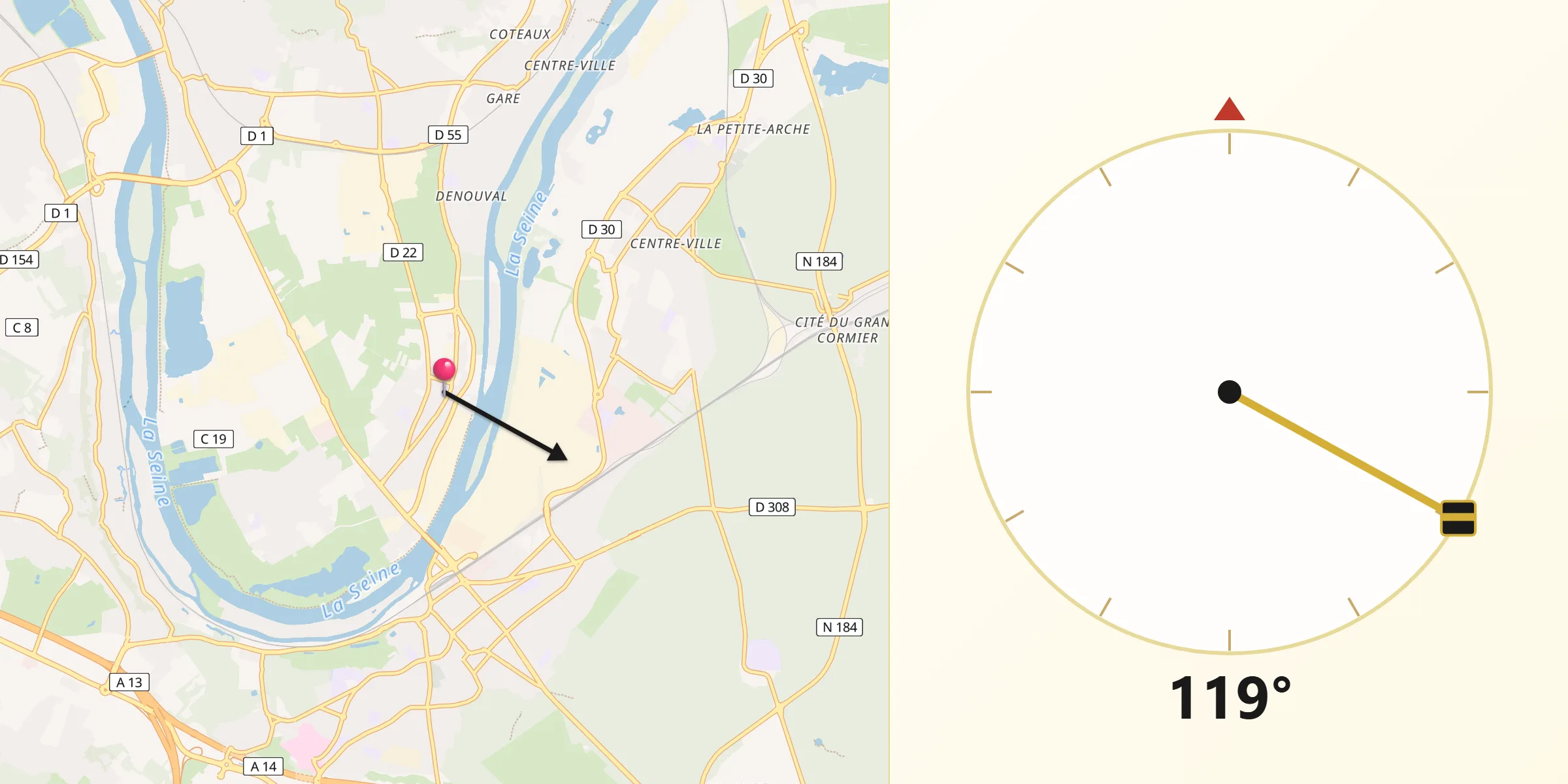 Direction vers la Qibla depuis Carrières-sous-Poissy