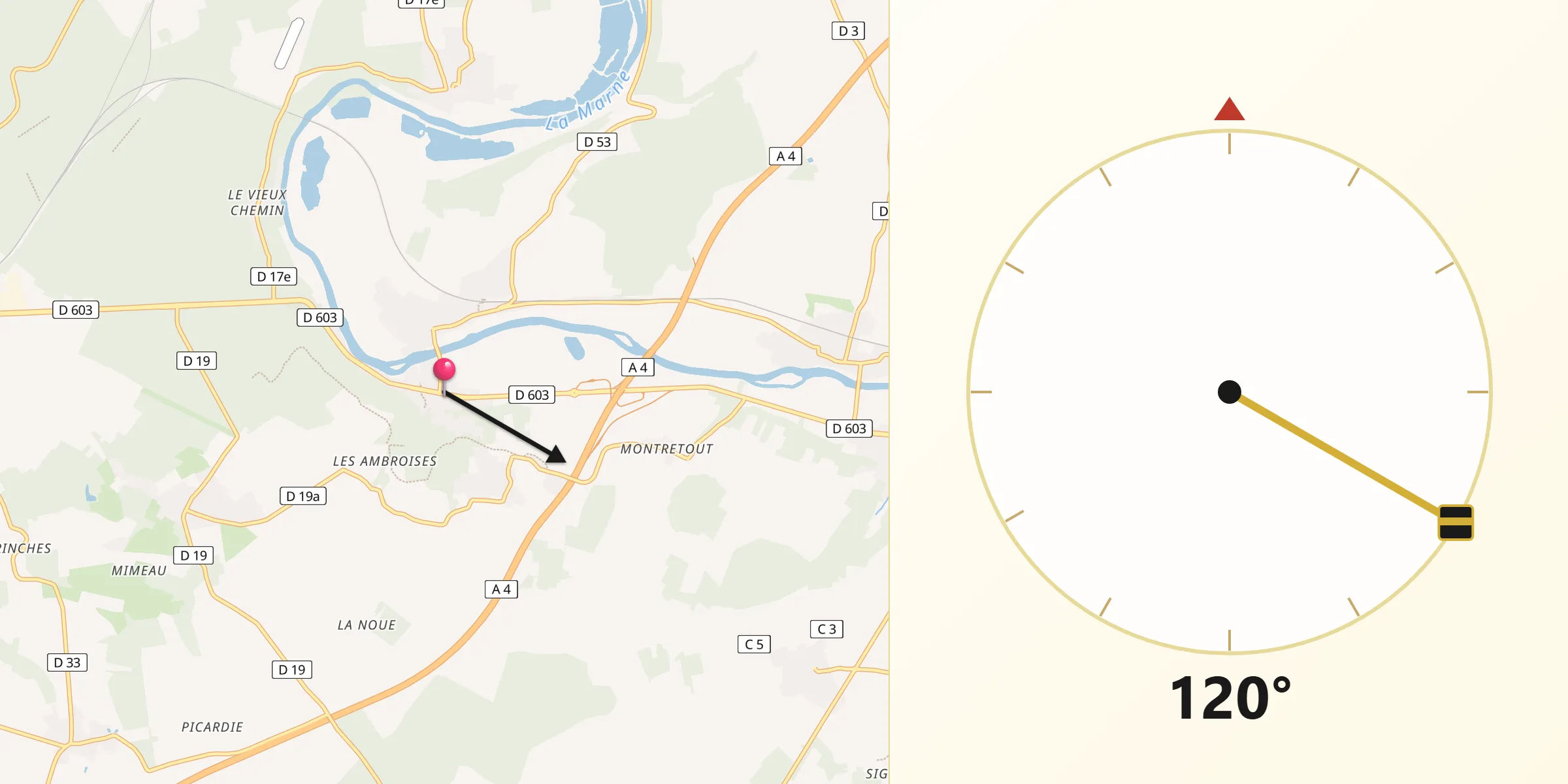 Direction vers la Qibla depuis Saint-Jean-les-Deux-Jumeaux