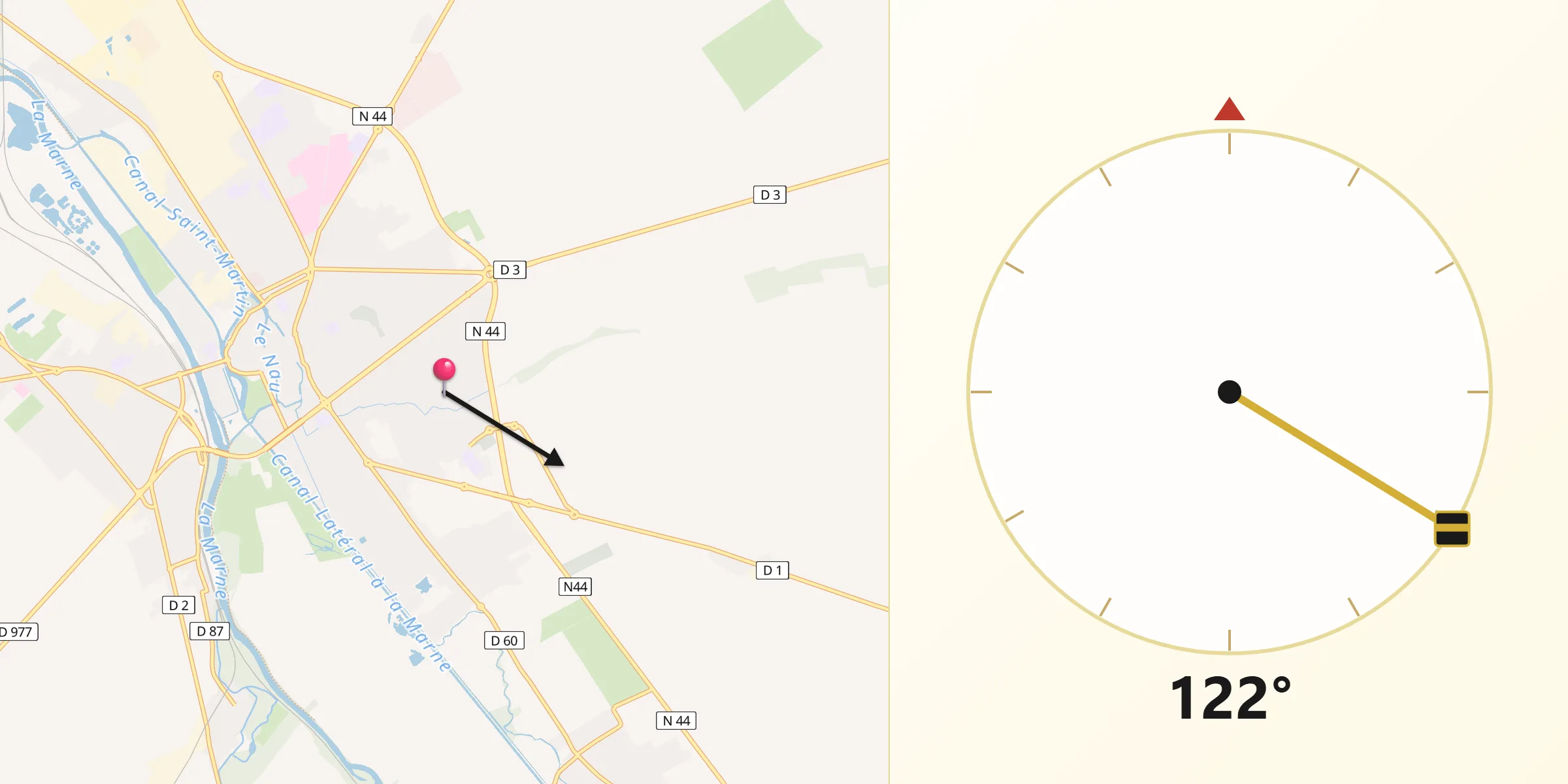 Direction vers la Qibla depuis Saint-Memmie