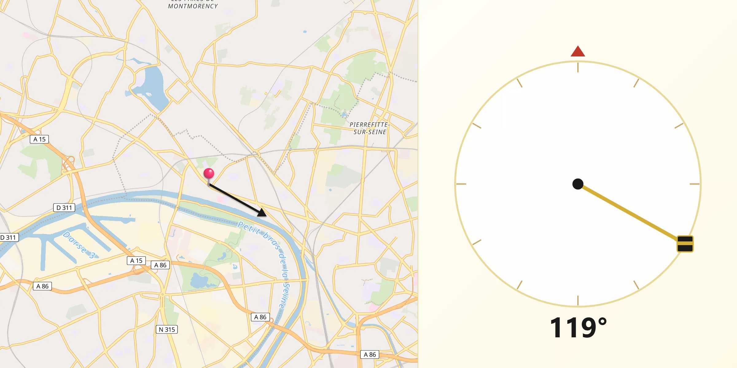 Direction vers la Qibla depuis Épinay-sur-Seine