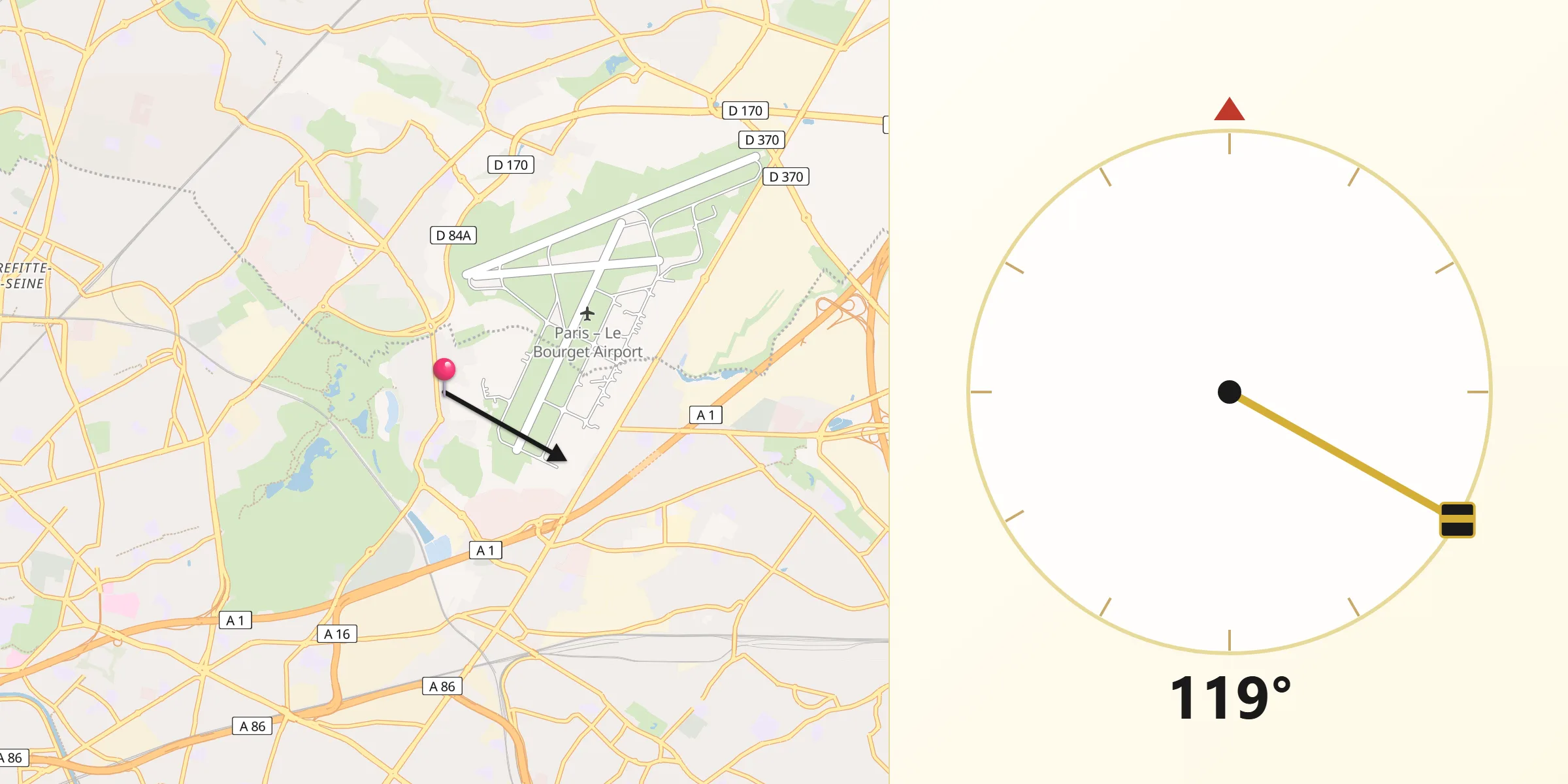 Direction vers la Qibla depuis Dugny