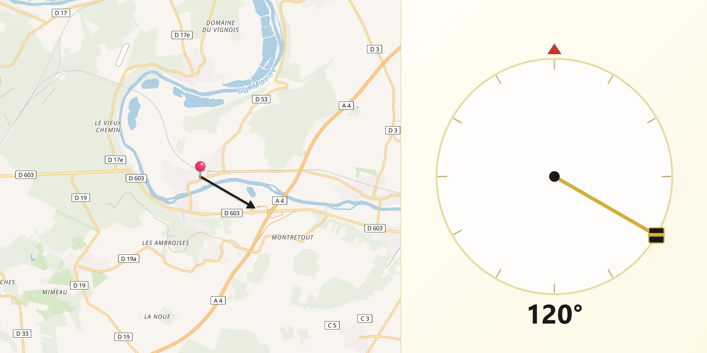 Direction vers la Qibla depuis Changis-sur-Marne