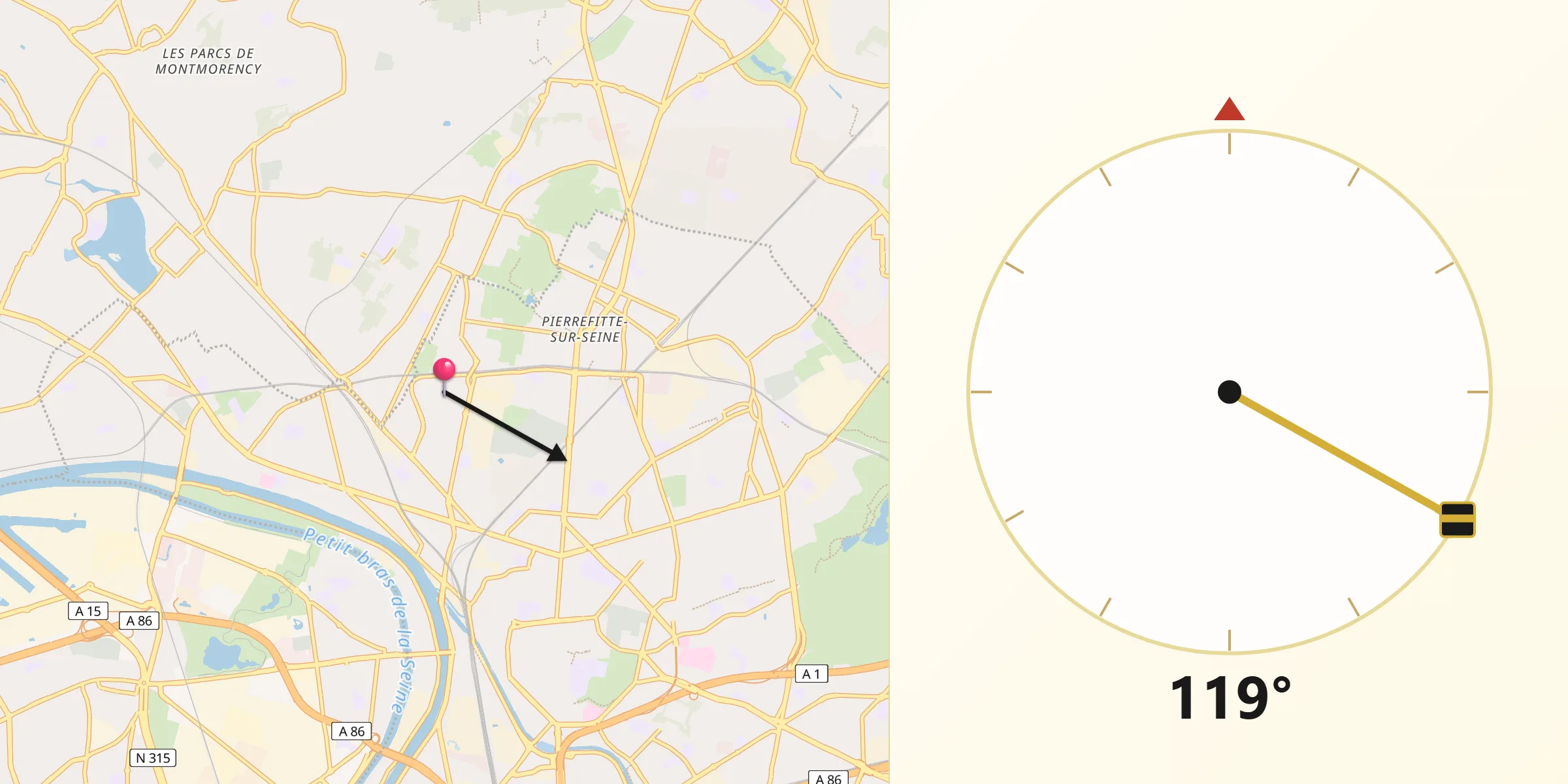 Direction vers la Qibla depuis Villetaneuse