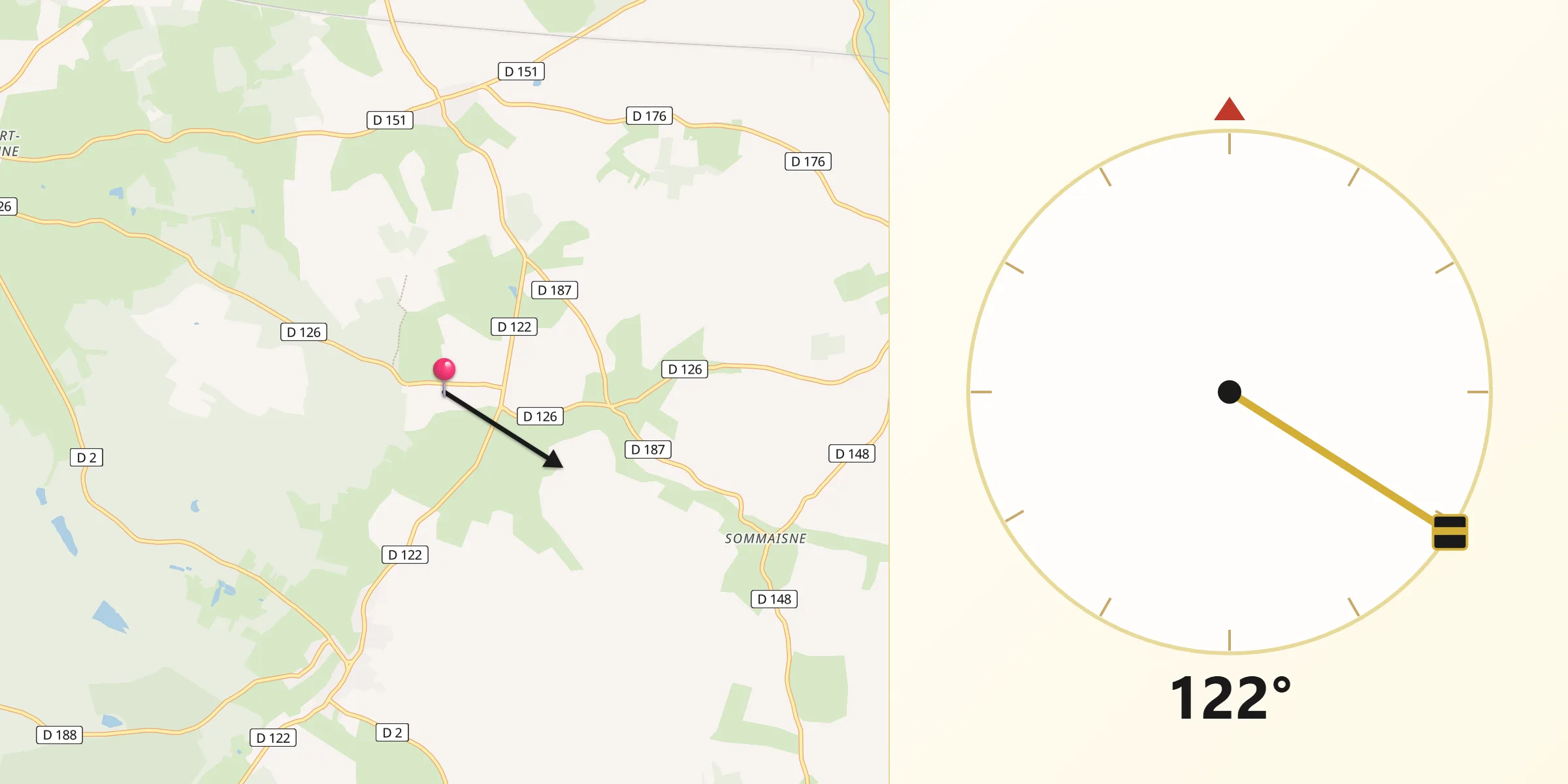 Direction vers la Qibla depuis Pretz-en-Argonne
