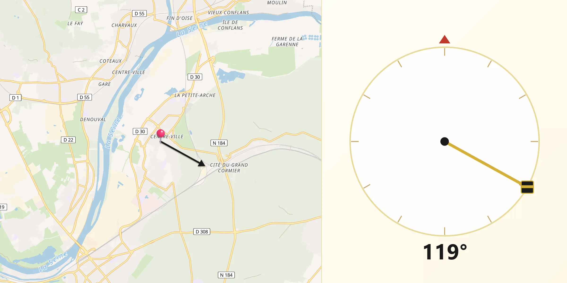 Direction vers la Qibla depuis Achères