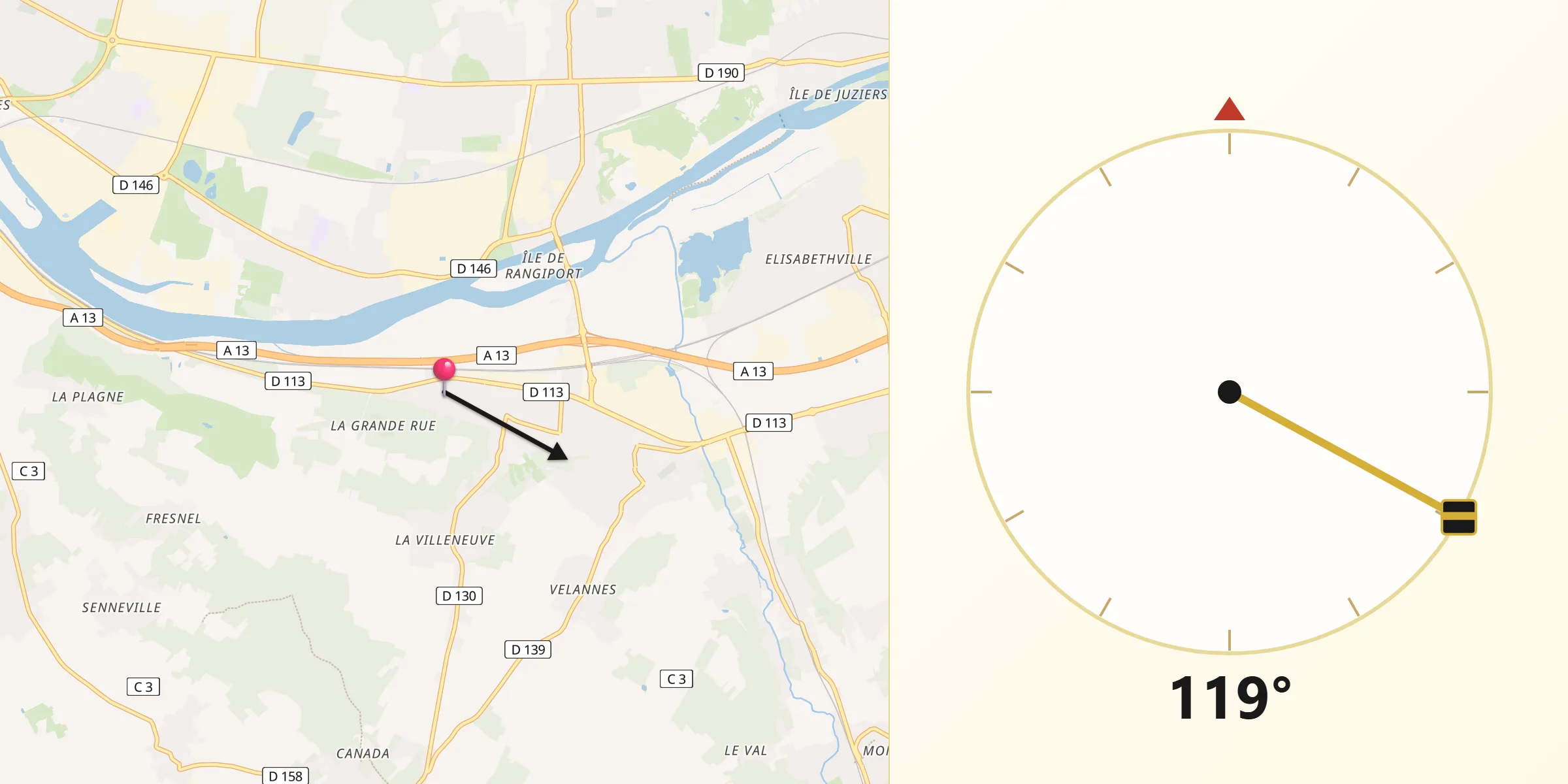 Direction vers la Qibla depuis Mézières-sur-Seine