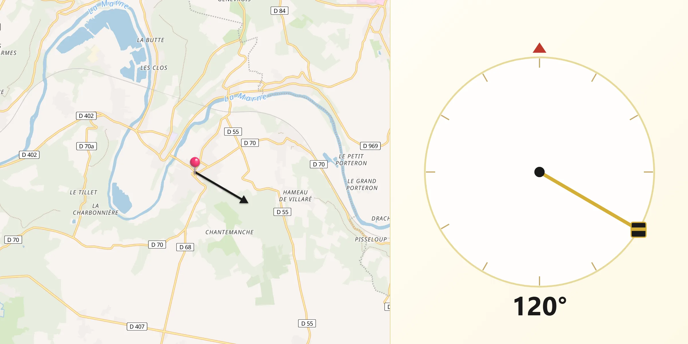 Direction vers la Qibla depuis Saâcy-sur-Marne