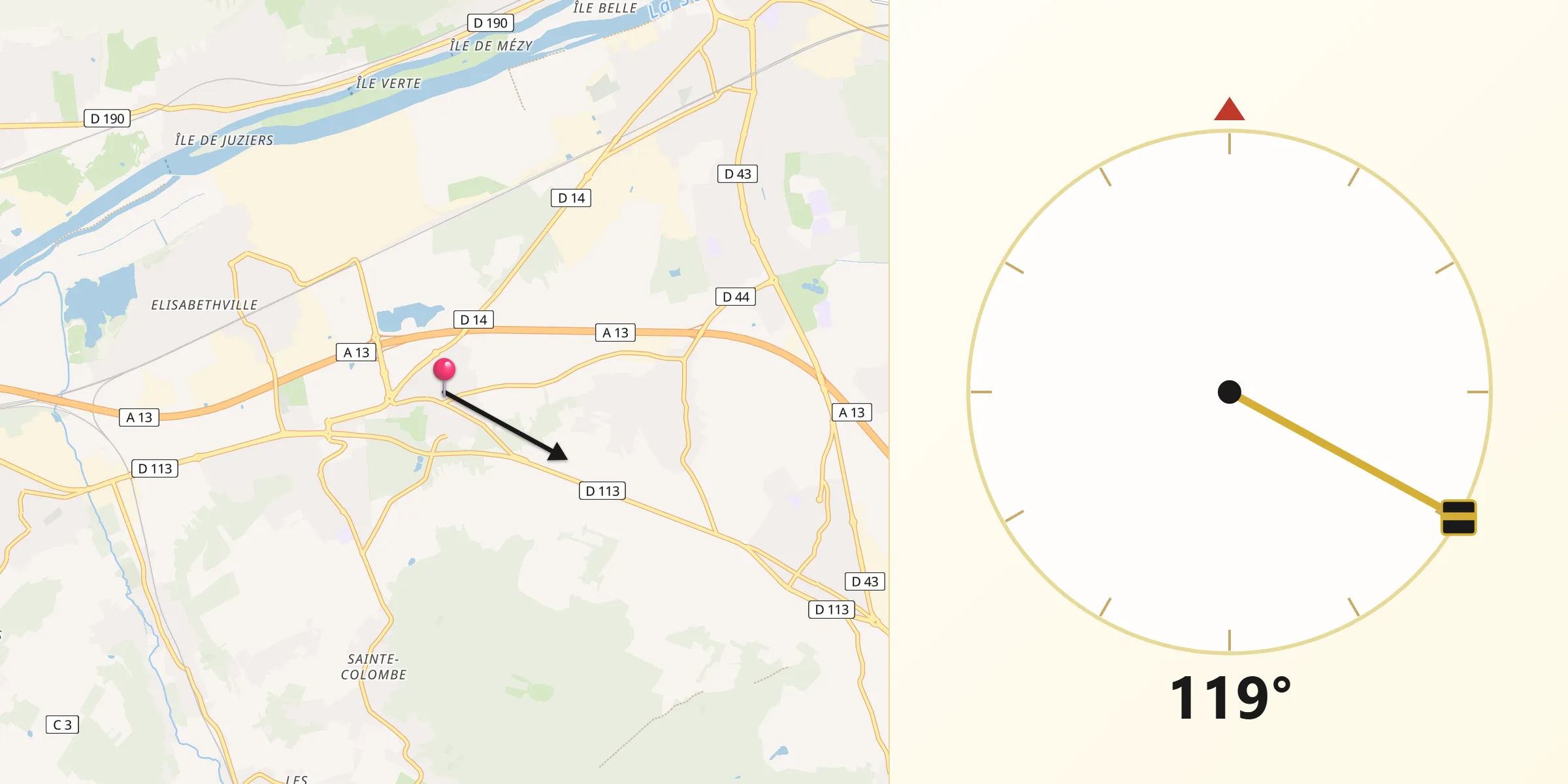 Direction vers la Qibla depuis Flins-sur-Seine