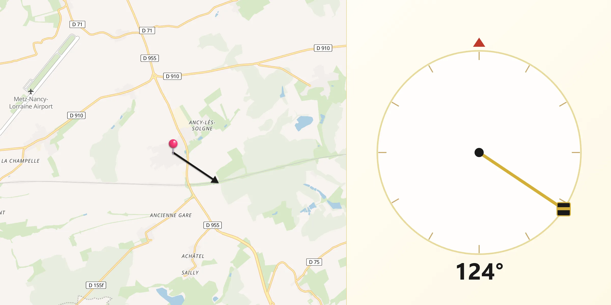 Direction vers la Qibla depuis Solgne