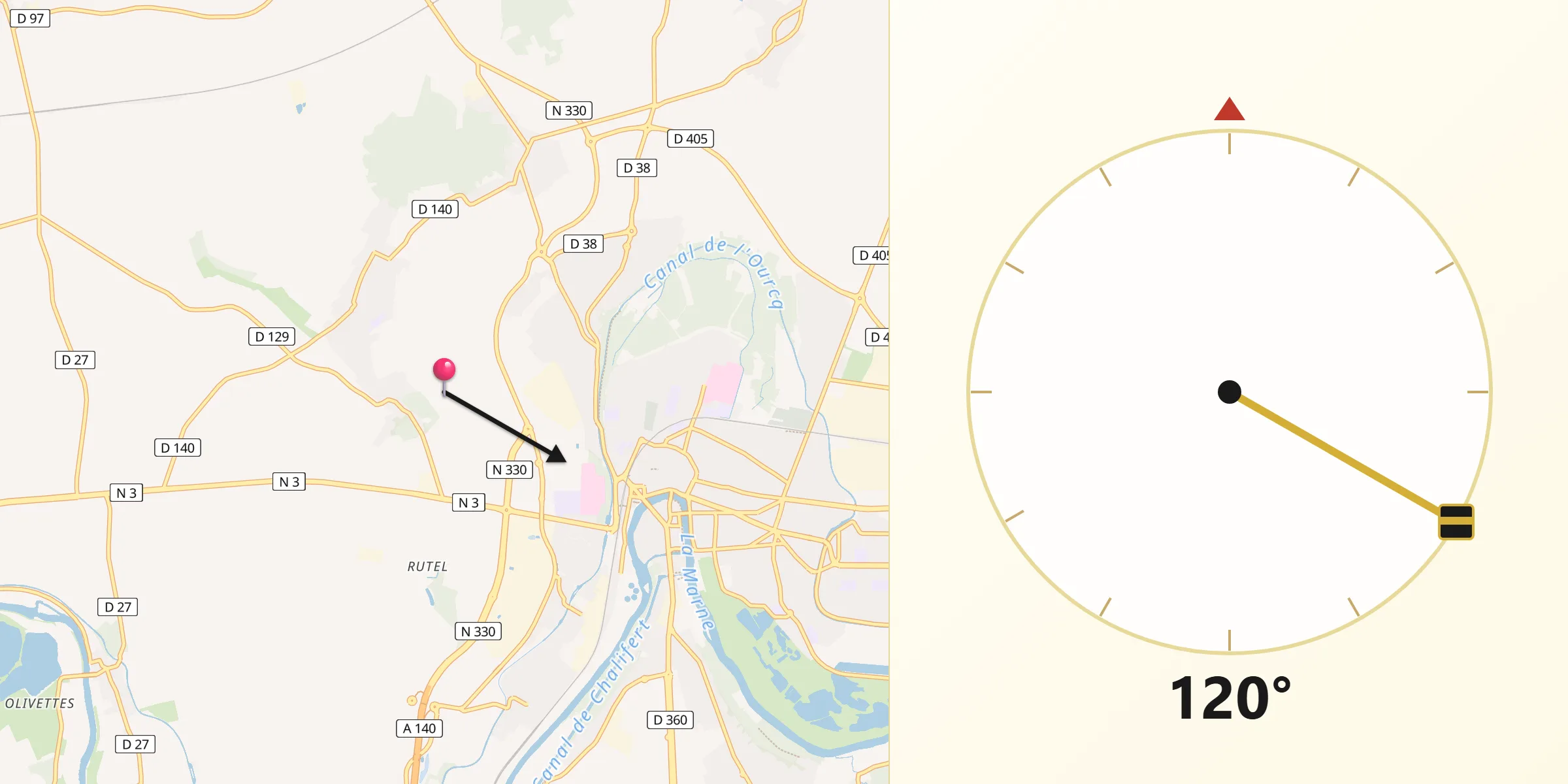Direction vers la Qibla depuis Chauconin-Neufmontiers