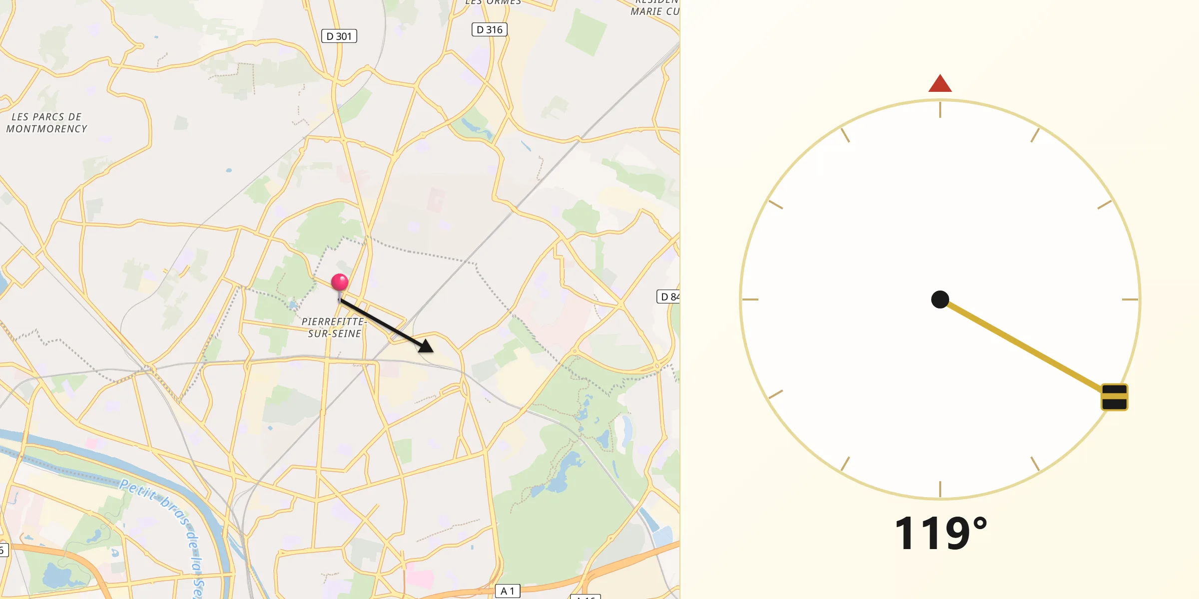 Direction vers la Qibla depuis Pierrefitte-sur-Seine