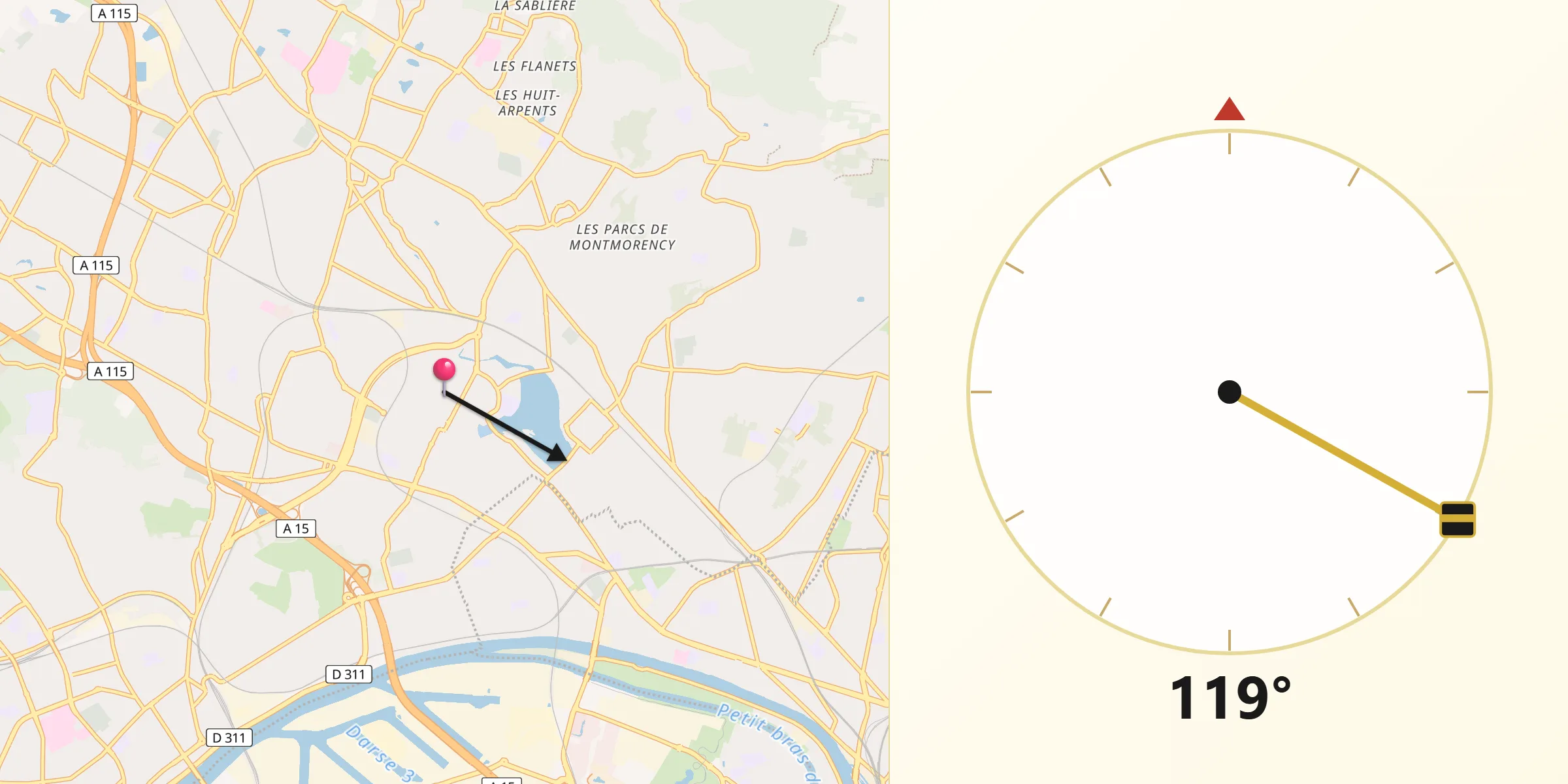 Direction vers la Qibla depuis Saint-Gratien
