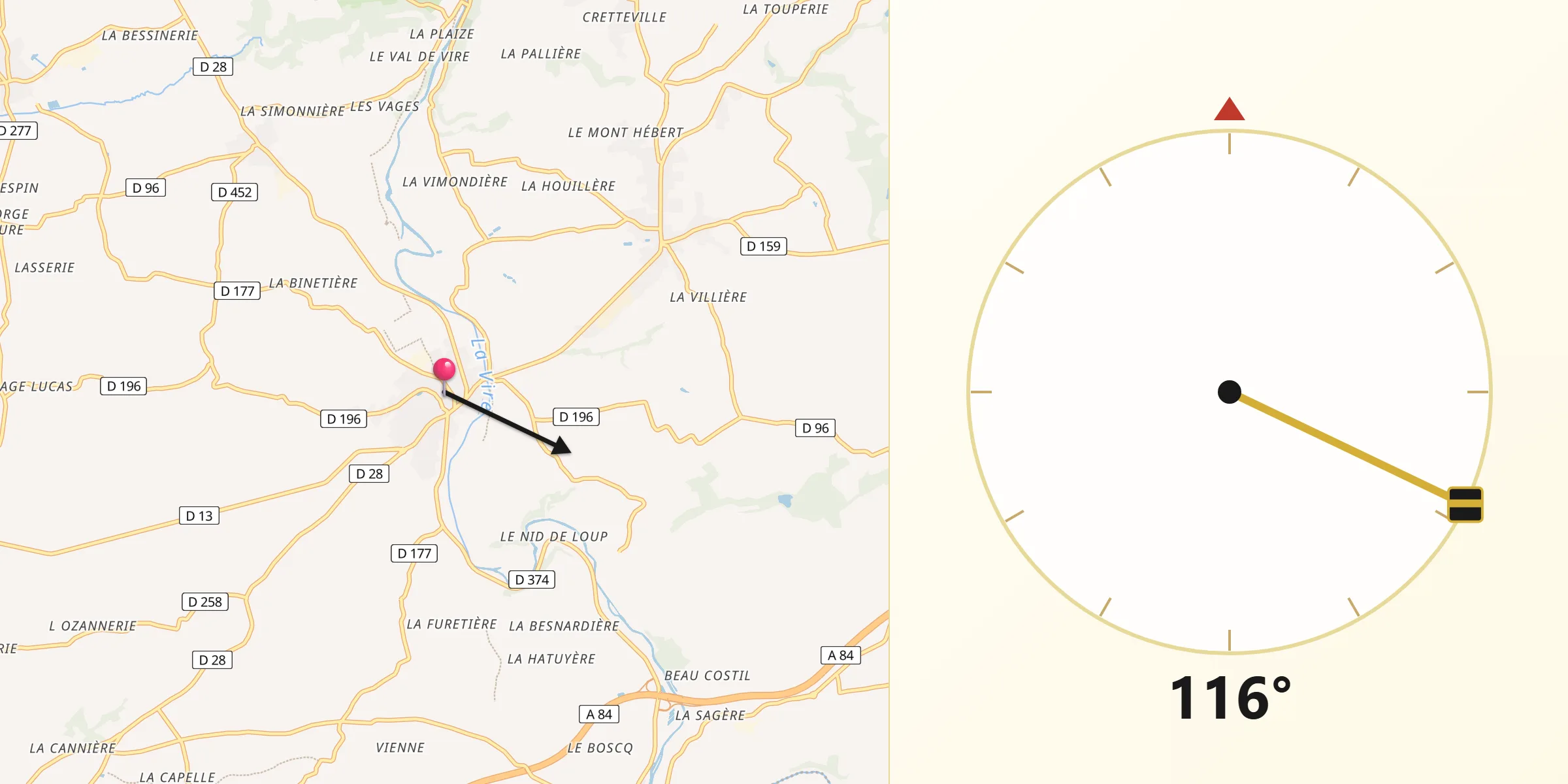 Direction vers la Qibla depuis Tessy-sur-Vire