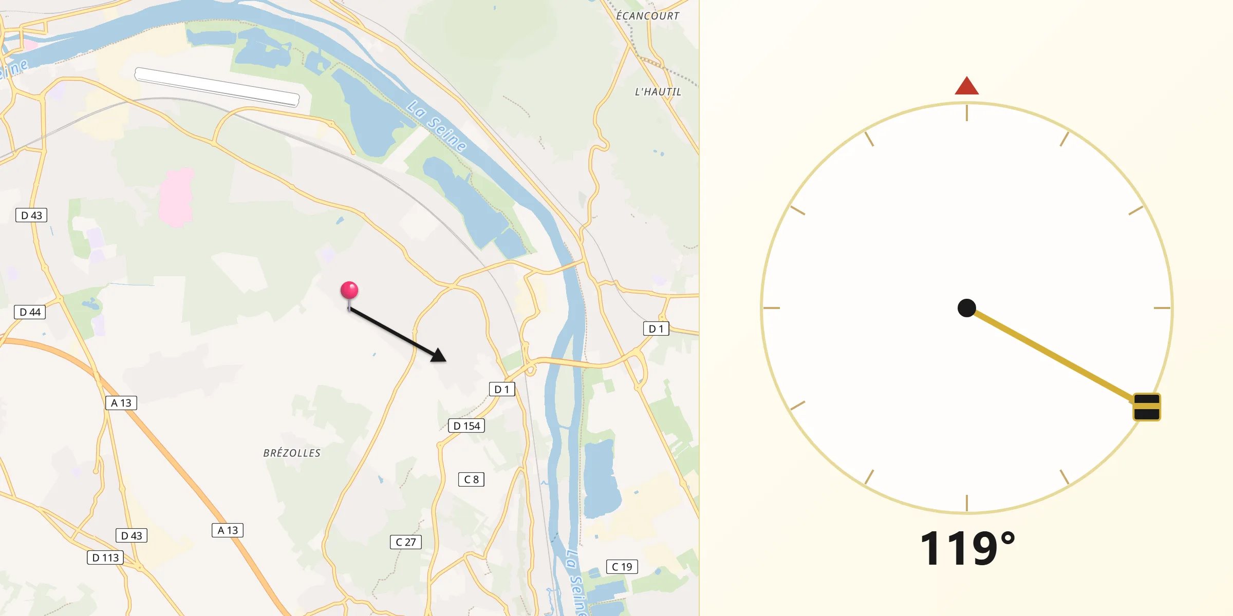 Direction vers la Qibla depuis Verneuil-sur-Seine