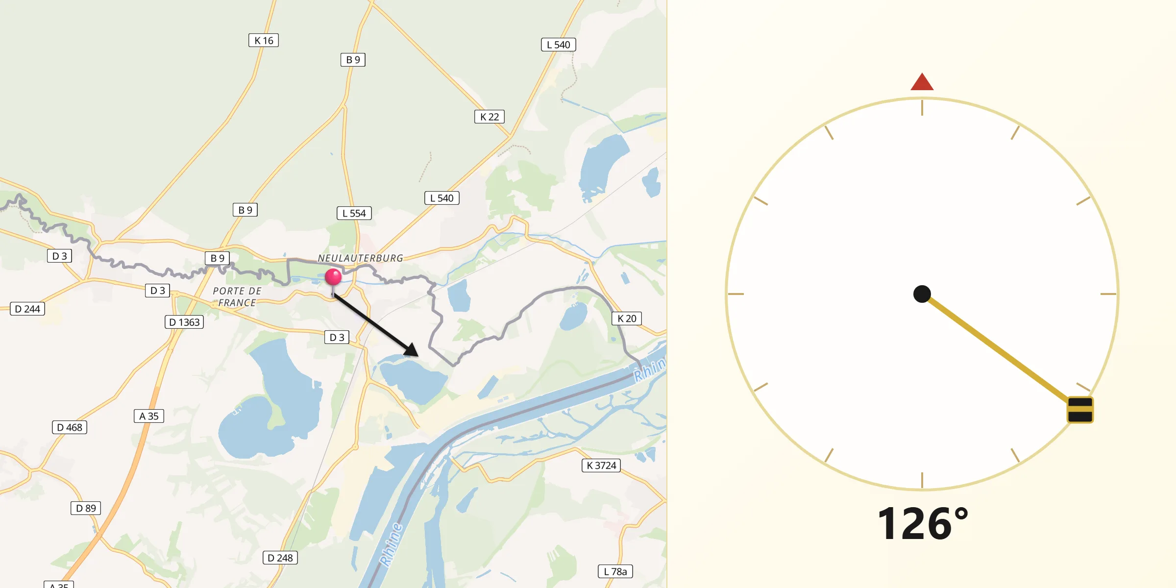 Direction vers la Qibla depuis Lauterbourg
