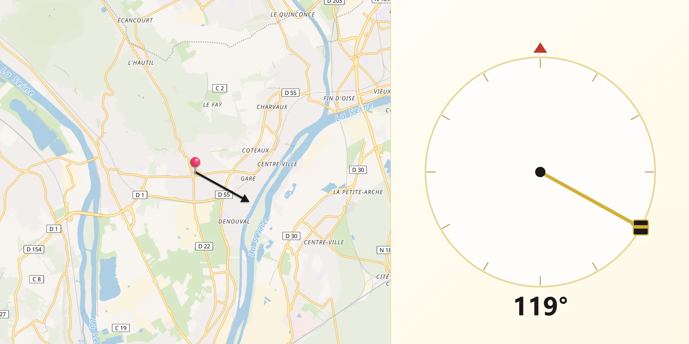 Direction vers la Qibla depuis Chanteloup-les-Vignes