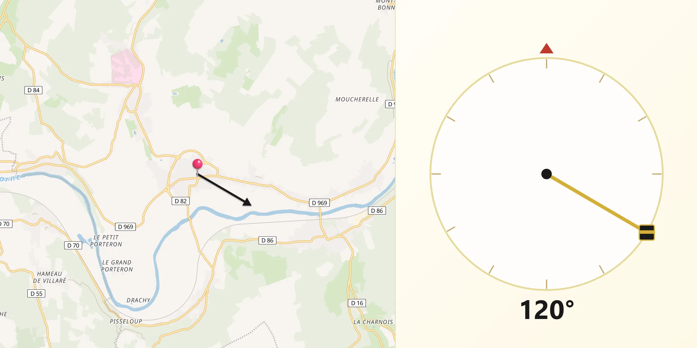 Direction vers la Qibla depuis Charly-sur-Marne