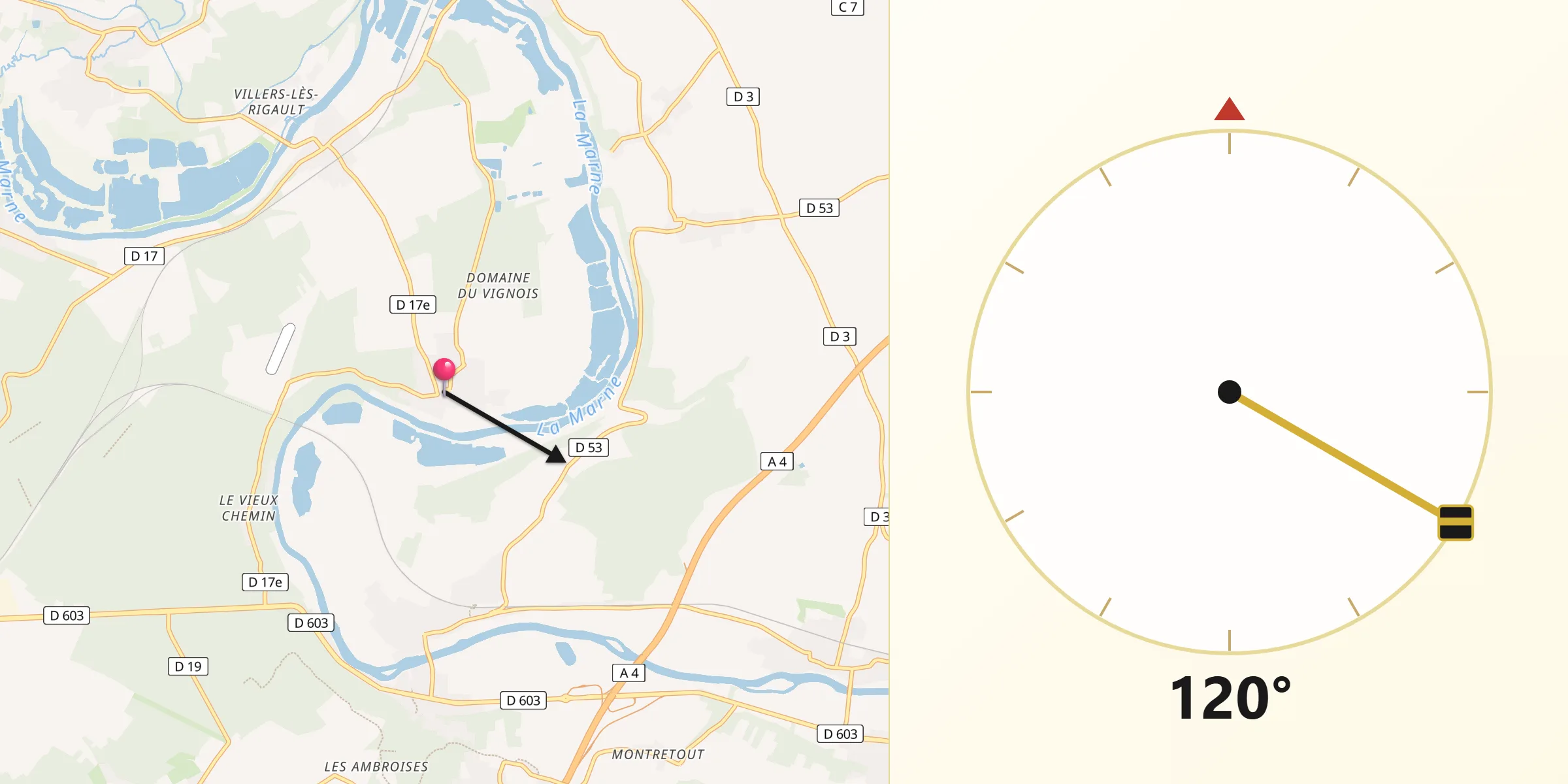 Direction vers la Qibla depuis Armentières-en-Brie