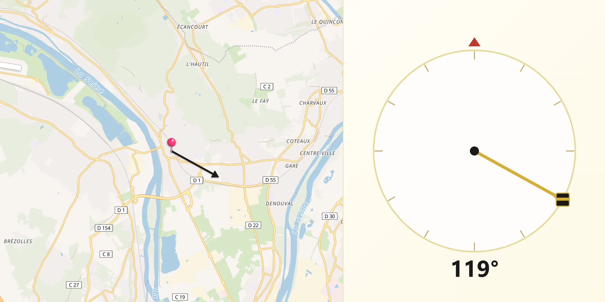 Direction vers la Qibla depuis Triel-sur-Seine