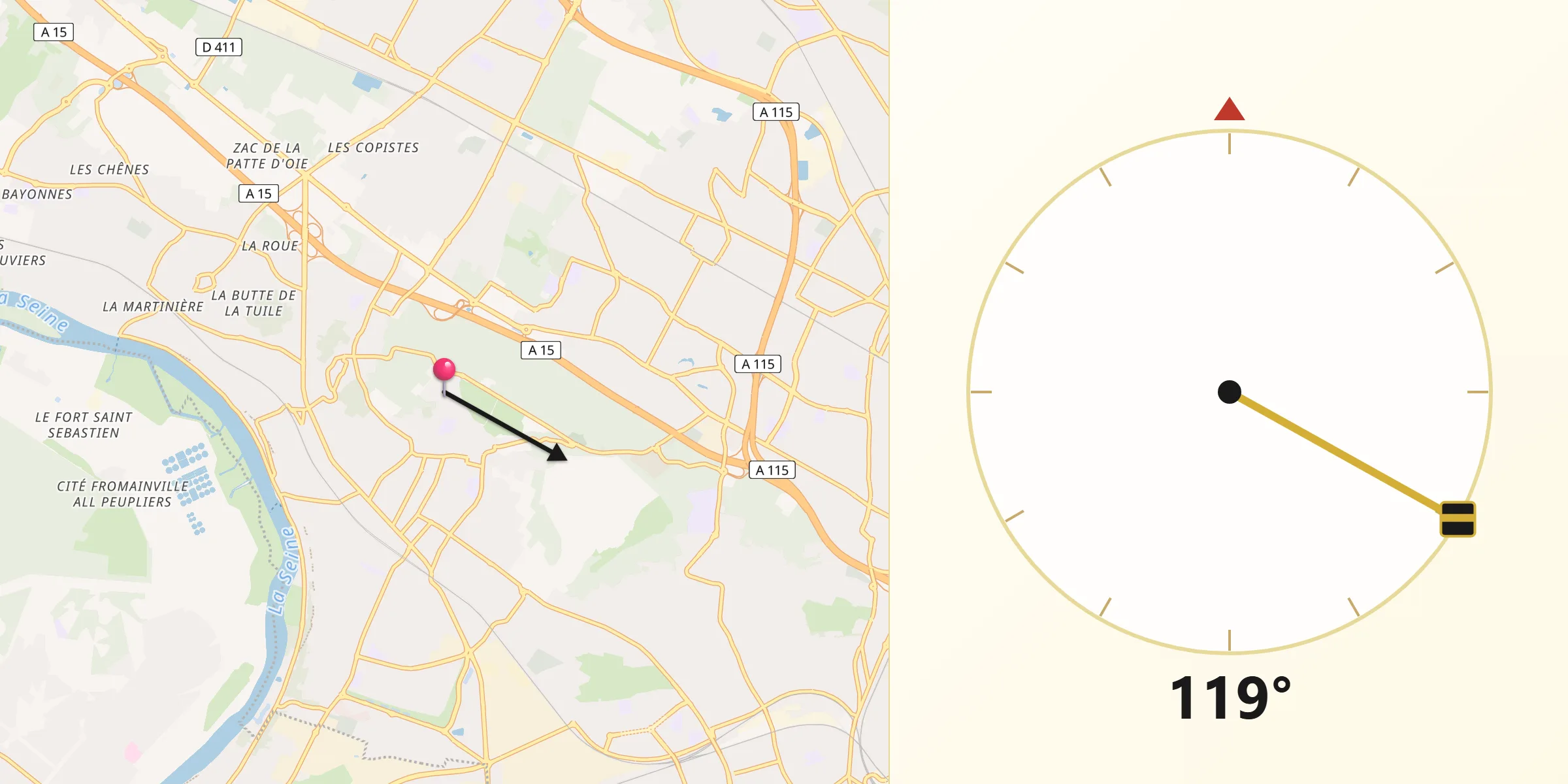 Direction vers la Qibla depuis Montigny-lès-Cormeilles
