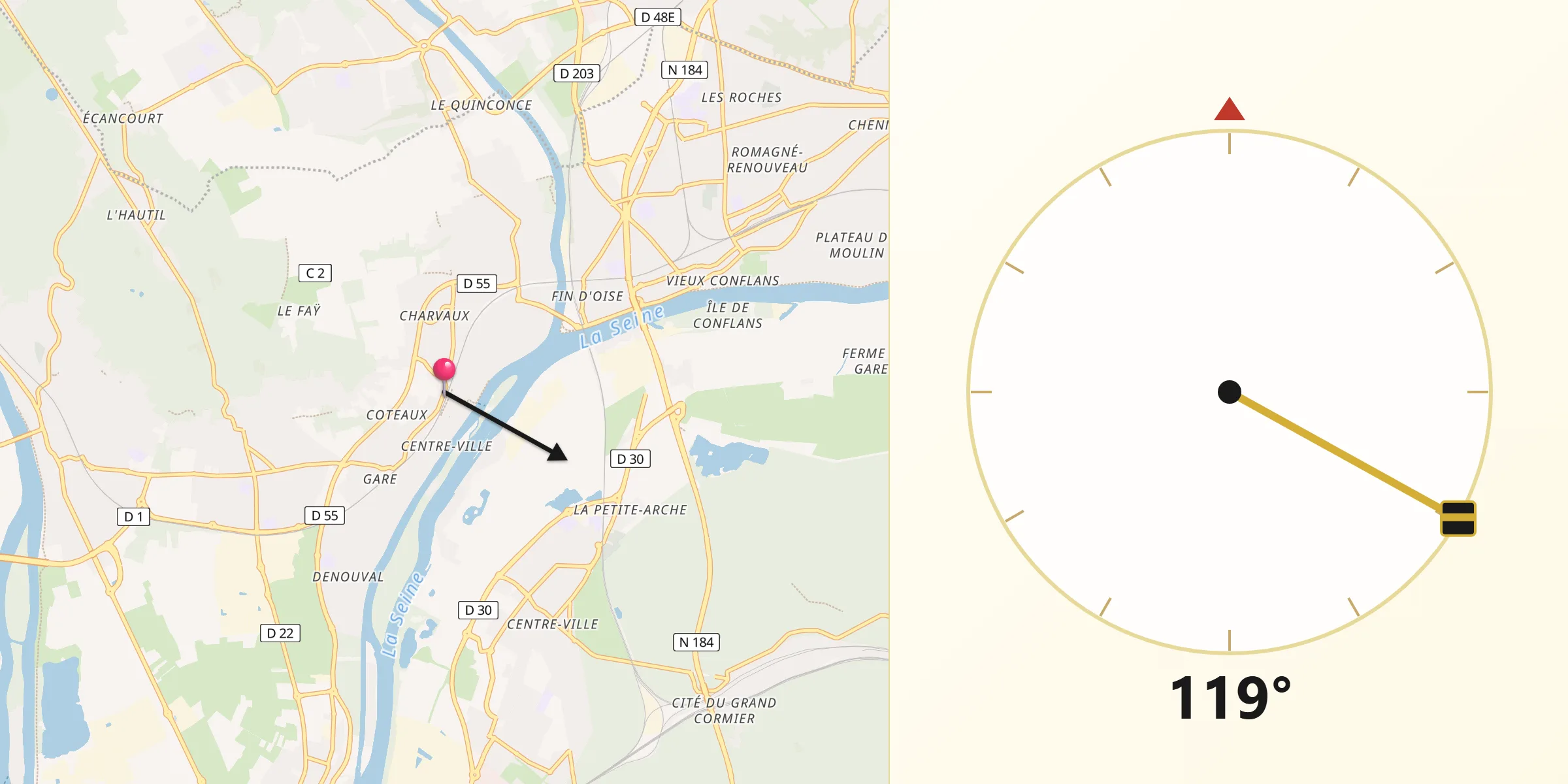 Direction vers la Qibla depuis Andrésy
